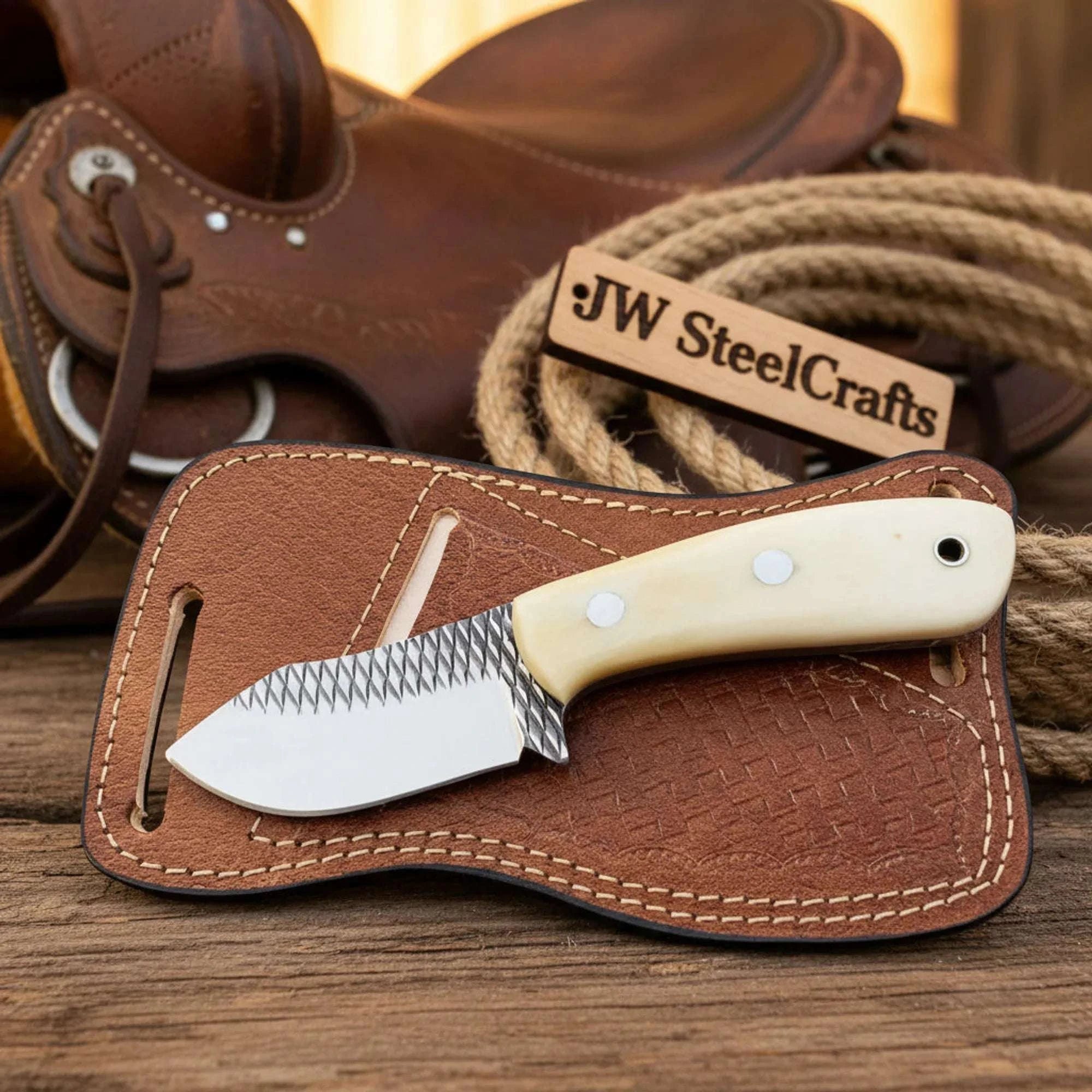 Palmarius Outdoors Bone-Handle Short Skinner Knife with Rasp Steel Blade for Everyday Carry Skinner Knife