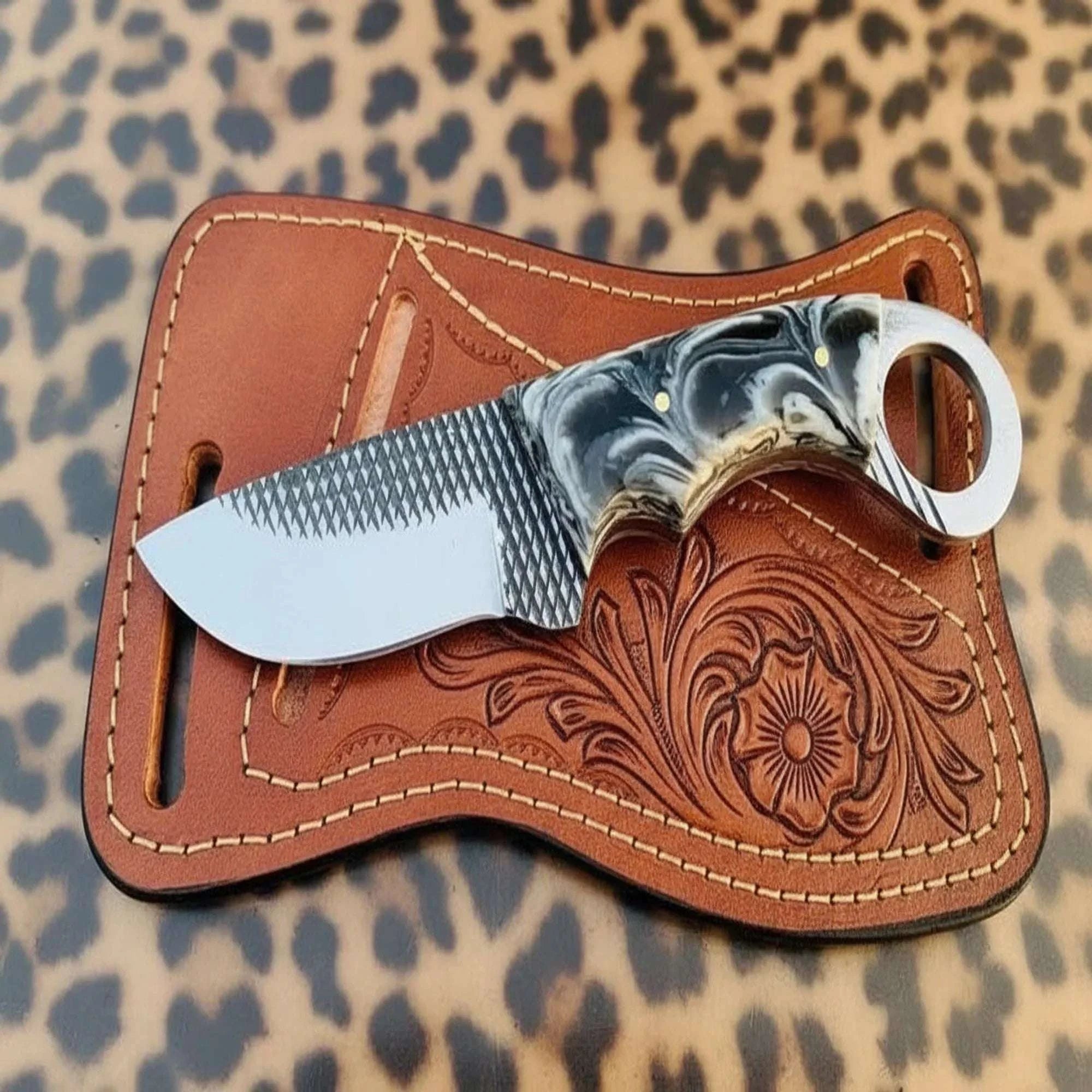 Palmarius Outdoors Rugged Cross Draw File Ring Knife Finger Ring Handle Western Hand Engraved Leather Sheath 5" 