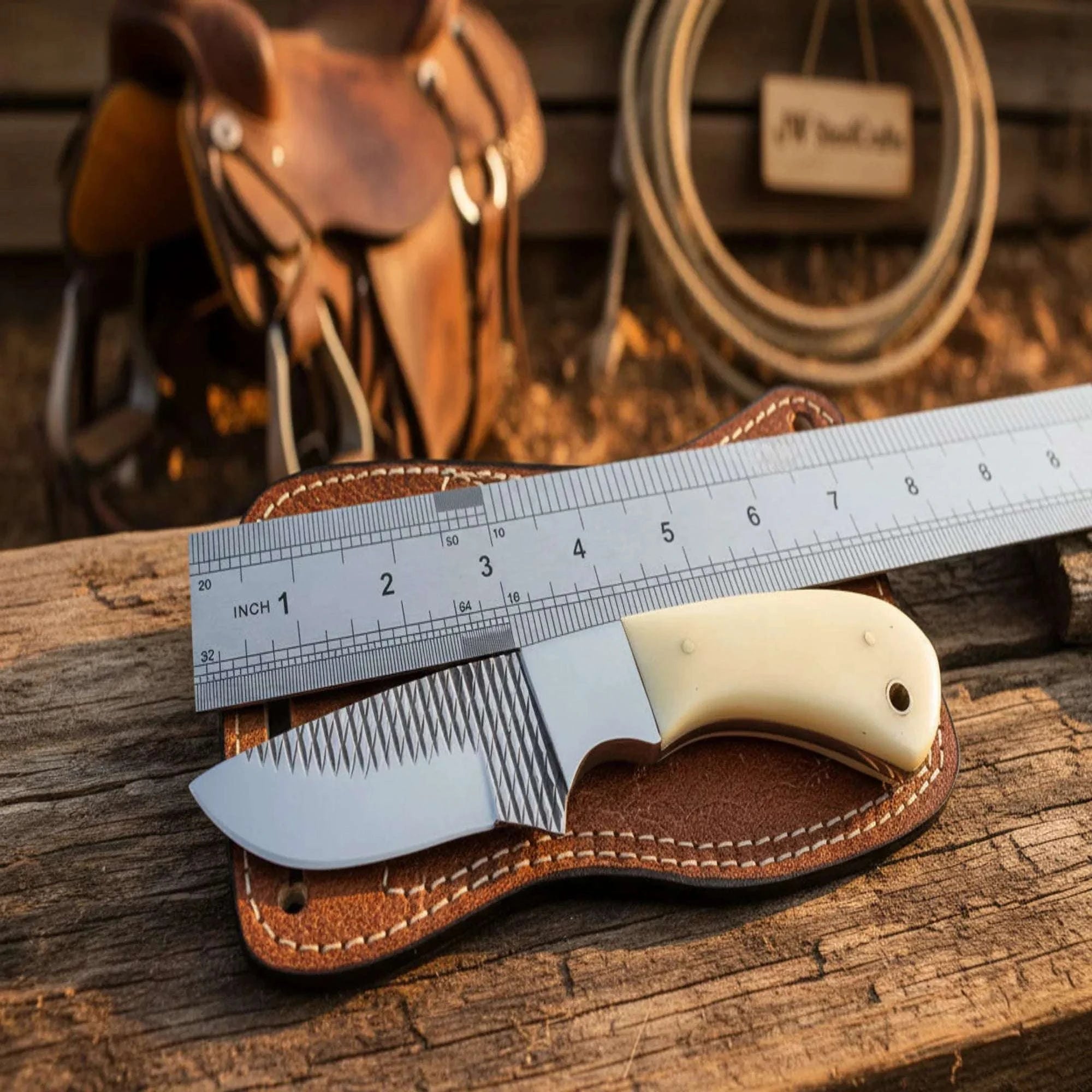 Palmarius Outdoors Handmade Ranch Rasp Steel Skinner Knife – High Carbon File Steel Blade with Crossdraw Leather Sheath 