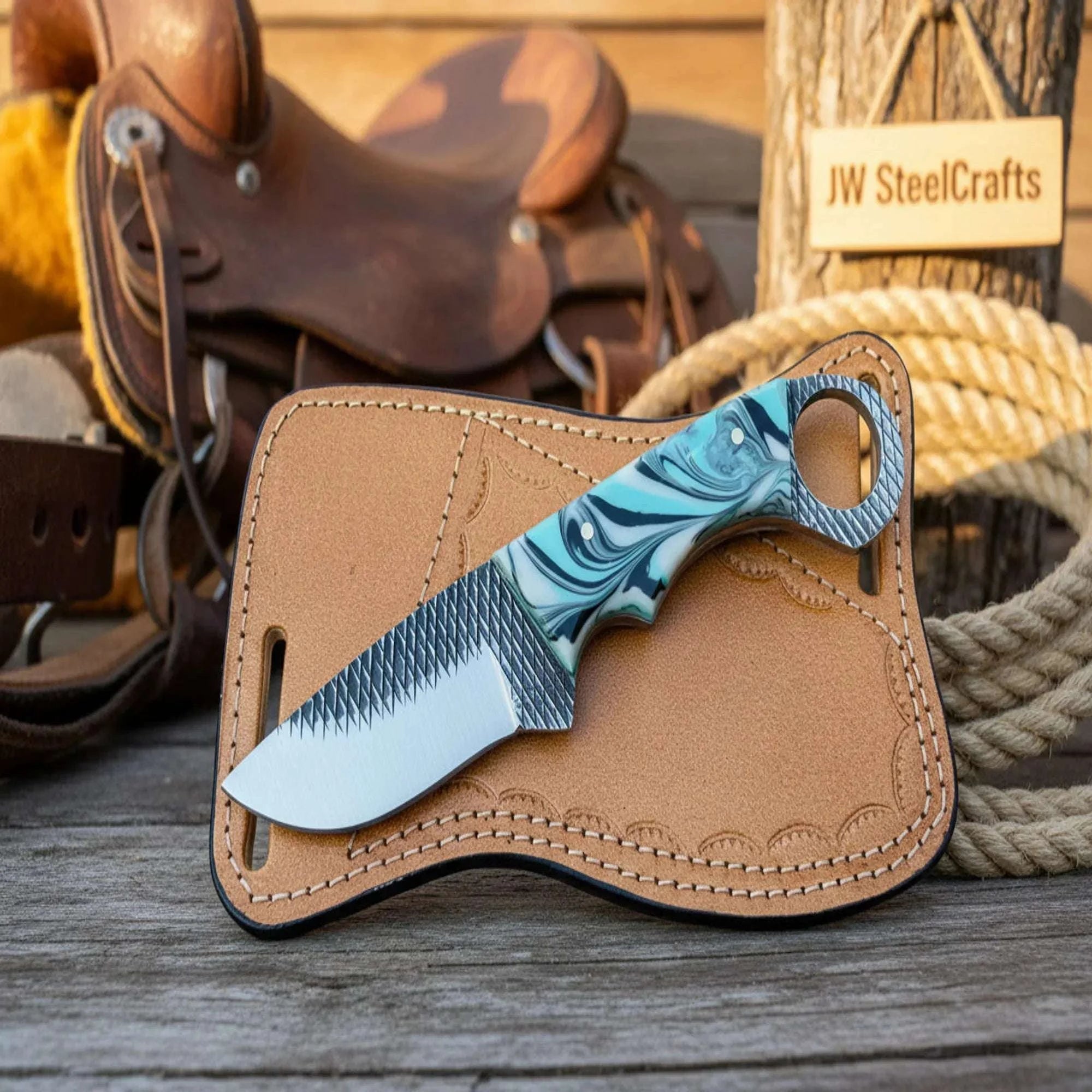 Palmarius Outdoors Ring-Handle Rasp Skinner Knife with Turquoise Resin Handle Skinner Knife