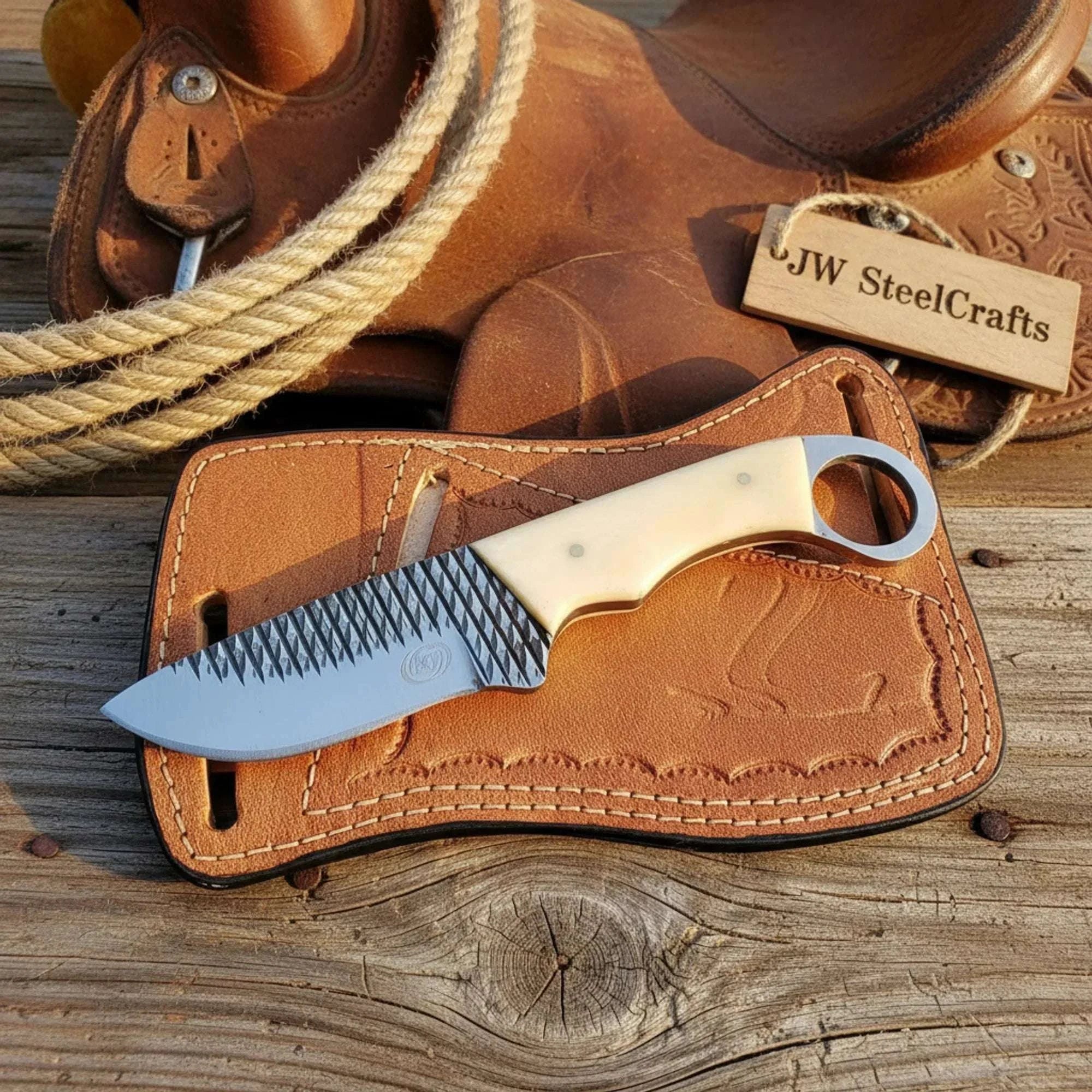 Palmarius Outdoors Rasp Steel Skinner Knife 7" White Resin Handle Finger Ring Cowboy Sheath 
