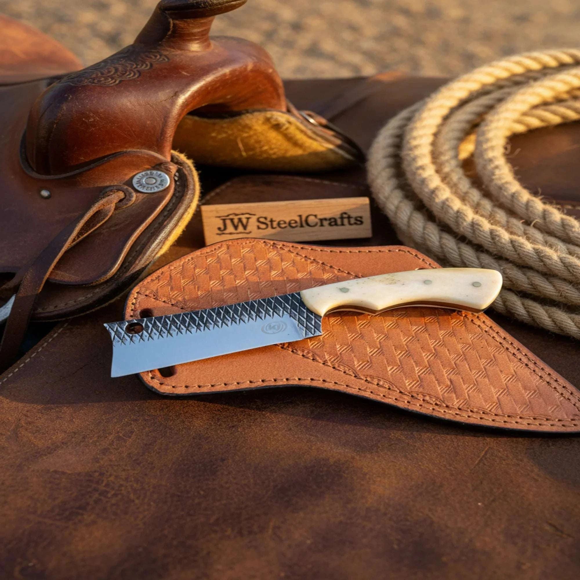 Palmarius Outdoors Handmade Rasp Steel Bull Cutter Knife 7" Camel Bone Handle Cowboy Sheath 