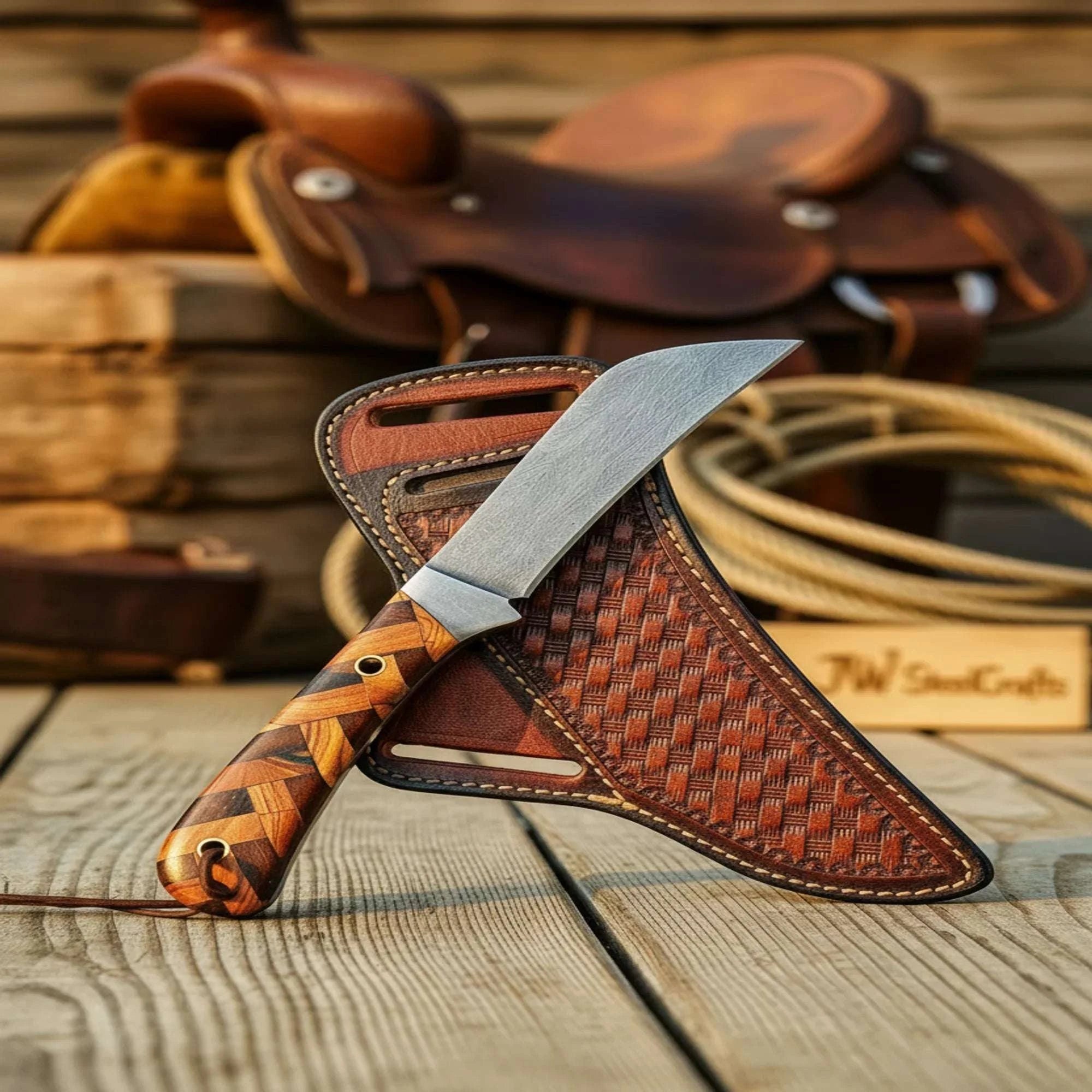 Palmarius Outdoors Sheepsfoot Fixed Blade Knife with Chevron Stacked Wood Handle Hunting Knife
