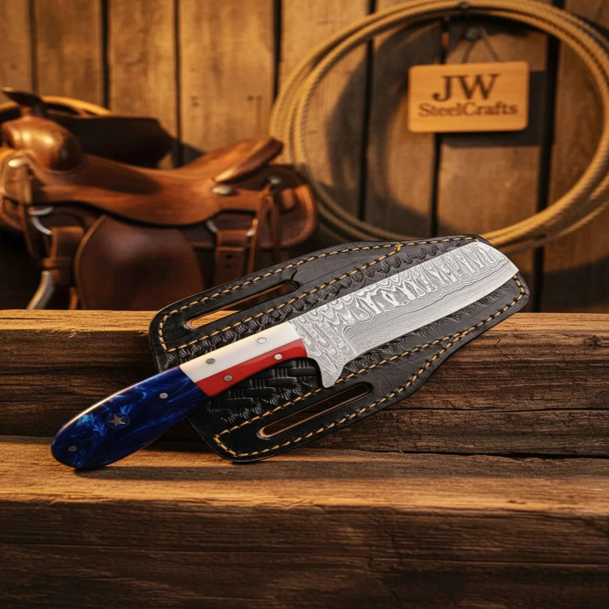 Palmarius Outdoors Hand-Forged Pocket Cleaver Blade – Patriotic Damascus Cleaver Knife with Red, White & Blue Handle 