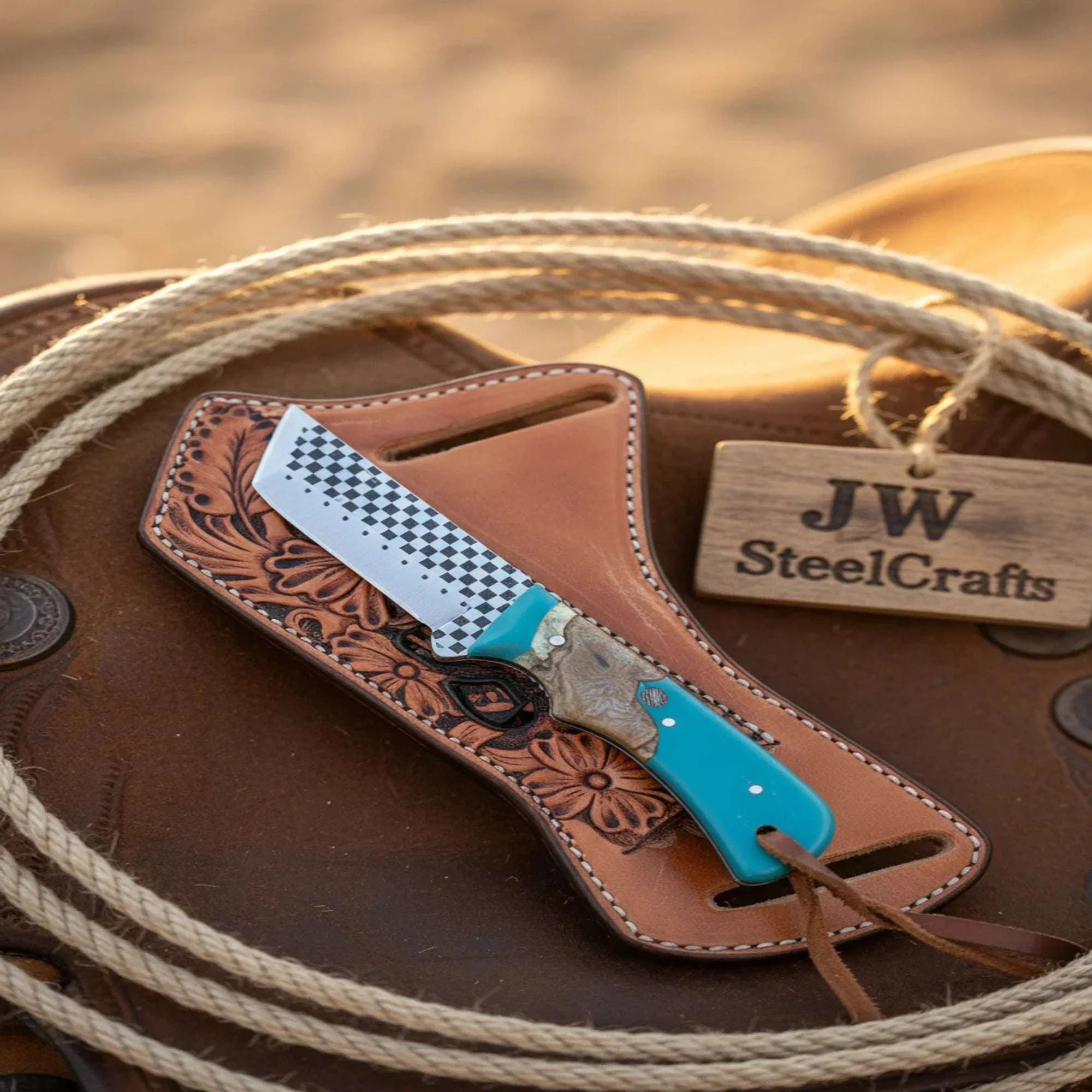 Palmarius Outdoors Checkered Cleaver EDC Knife – Hand-Forged Checkerboard Blade with Turquoise Burl Handle 