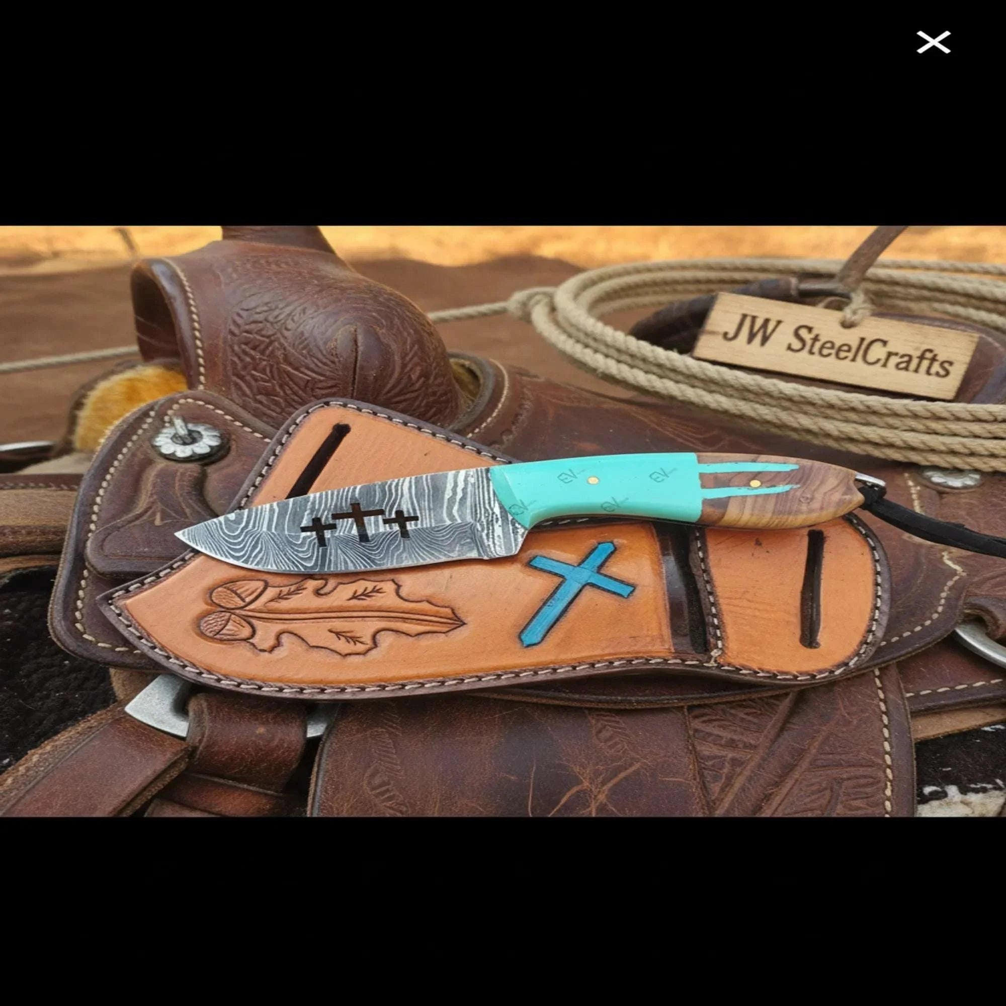 Palmarius Outdoors Damascus Skinner Knife 7" Cross Engraved Olive Wood Resin Handle Full Tang 