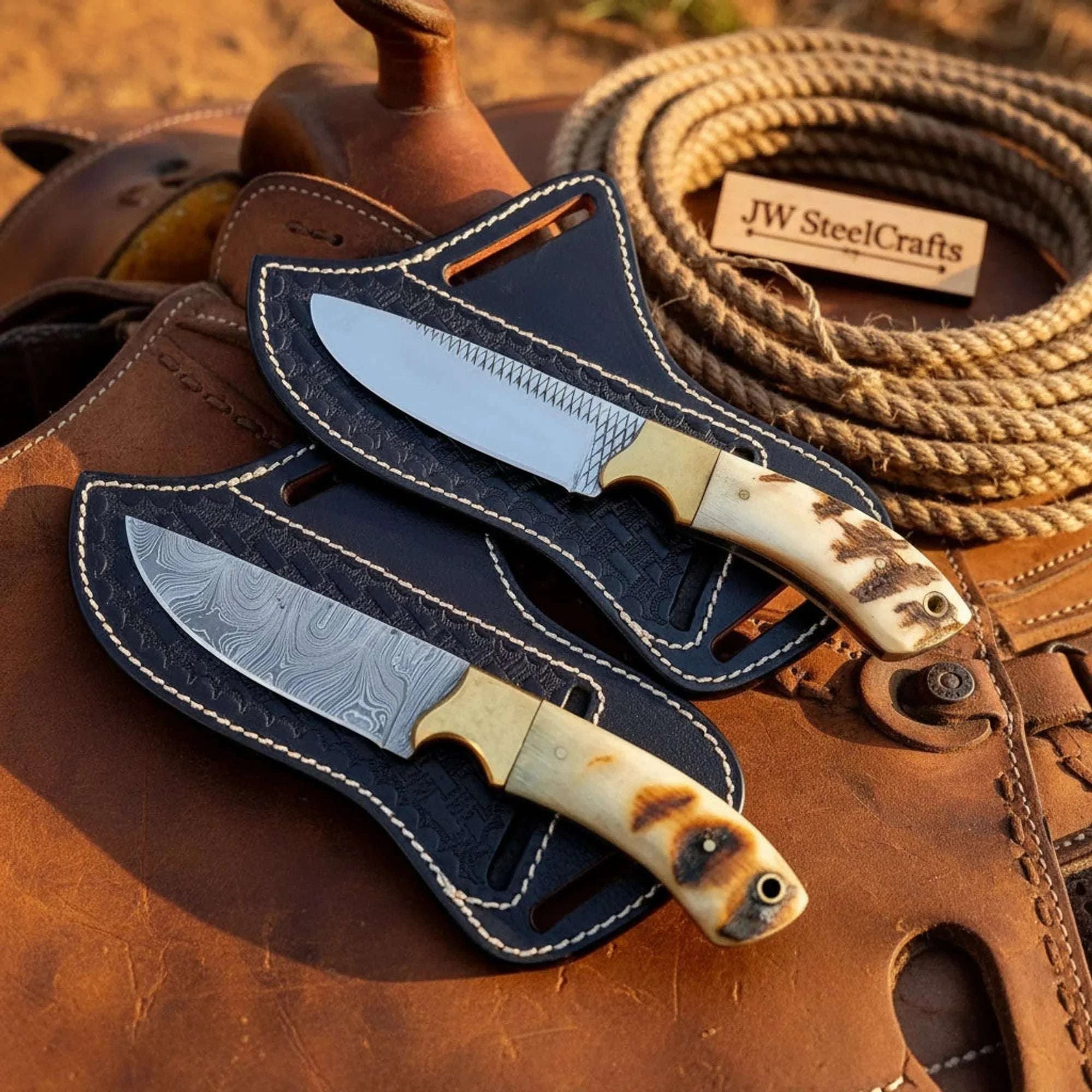 Palmarius Outdoors Saddleback Damascus Skinner Pair Knife 9" Handmade Matching Knives with Ram Horn Handles Skinner Knife