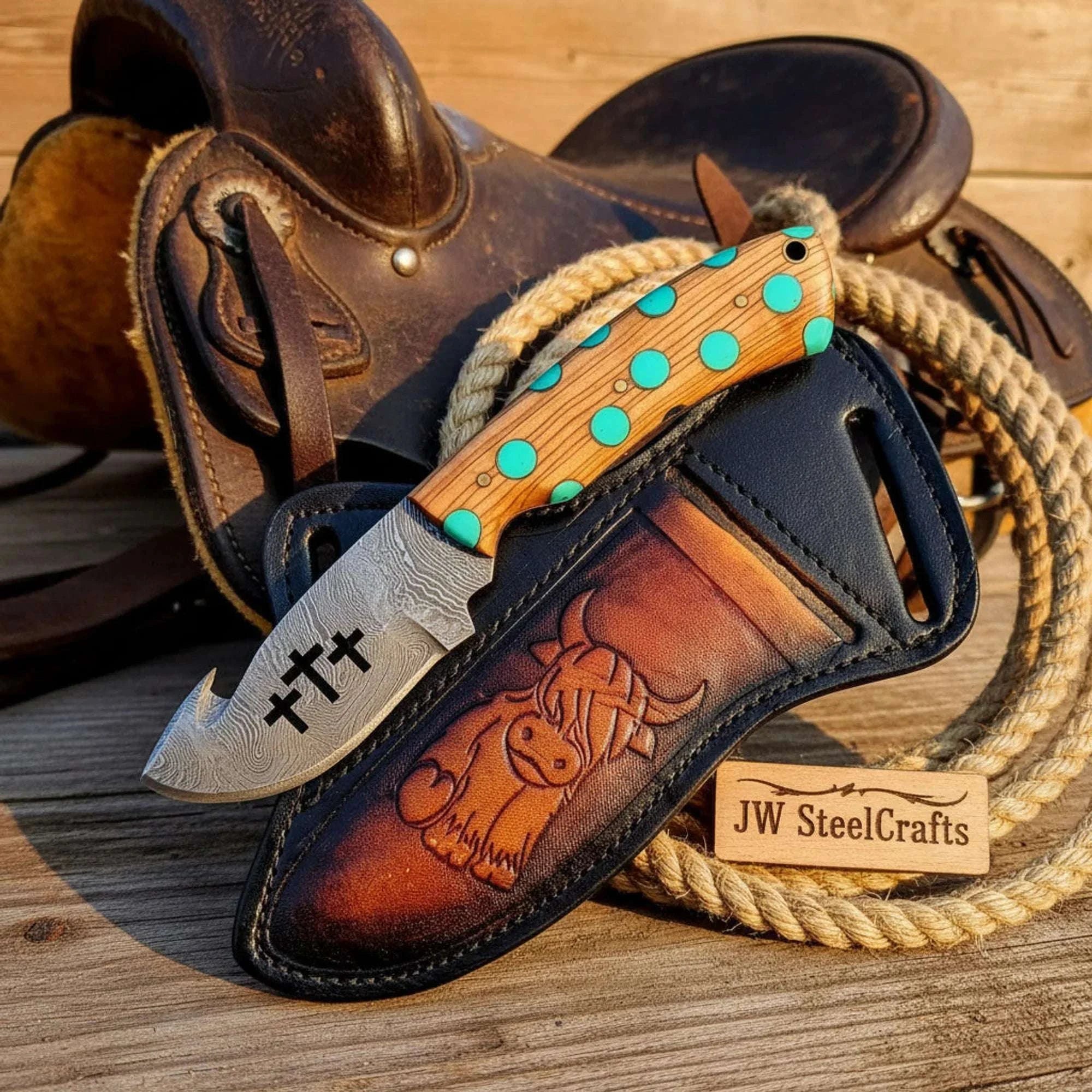 Palmarius Outdoors Faith Ridge Hook Skinner Knife 7" Damascus Blade with Cross Engraving, Stag Horn Handle Handmade Gut Hook Knives
