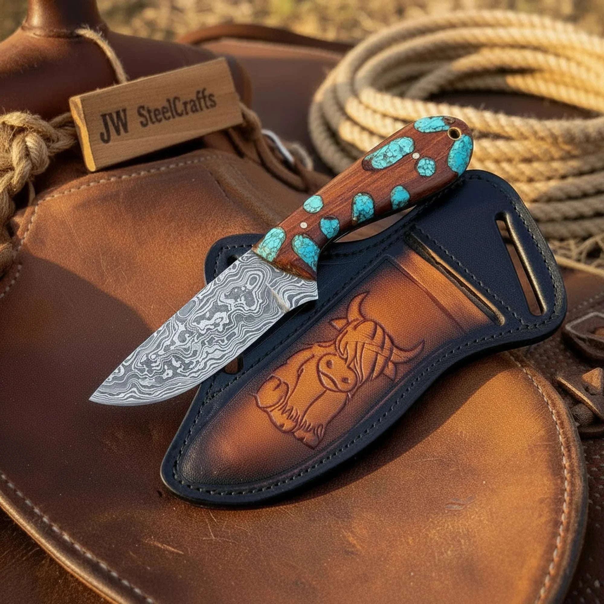 Palmarius Outdoors Turquoise Cowboy Knife with Wood and Resin Handle Skinner Knife