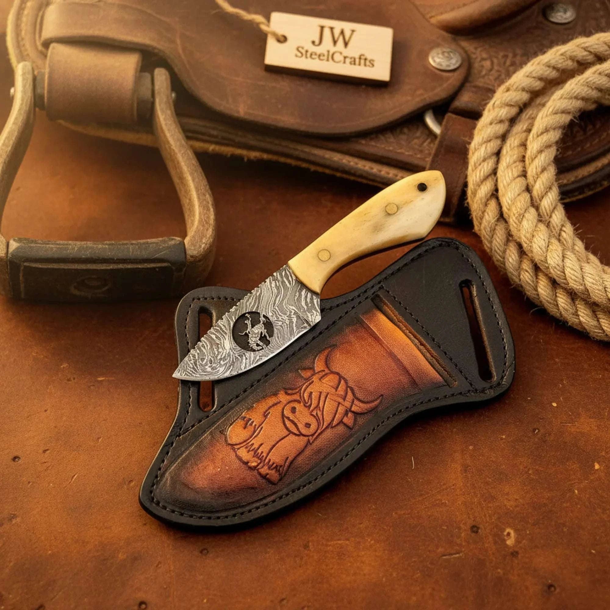 Palmarius Outdoors Damascus Cross Draw Caper Knife Deer Engraved Bone Handle Buffalo Tooled Sheath 