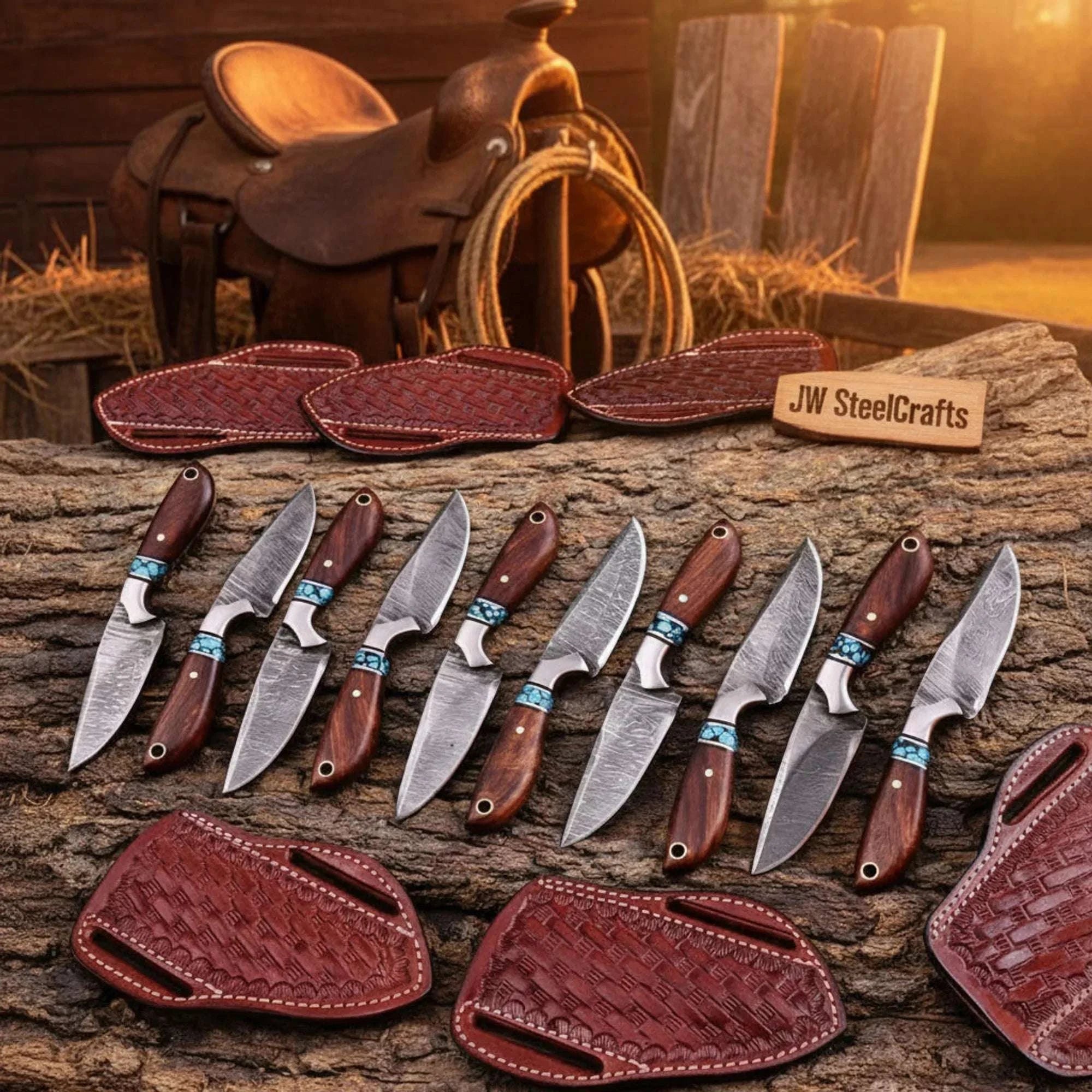 Palmarius Outdoors Maple Ridge Skinner Knife Set of 10, Rosewood & Turquoise Handle Skinner Knife