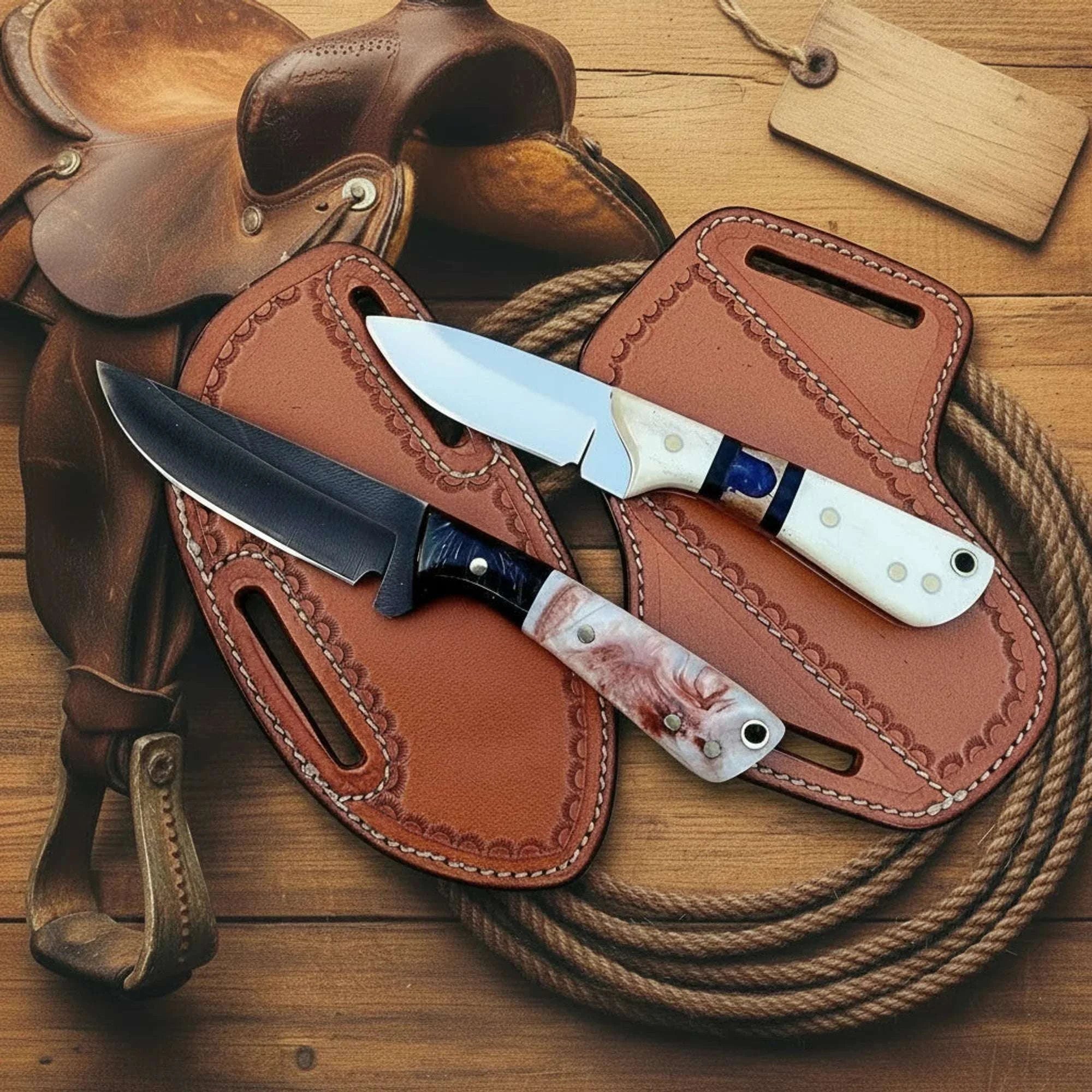 Palmarius Outdoors Ivory Trail Skinner Set of 2 Polished Acid Washed Blade Multi Resin Handle Full Tang Skinner Knife