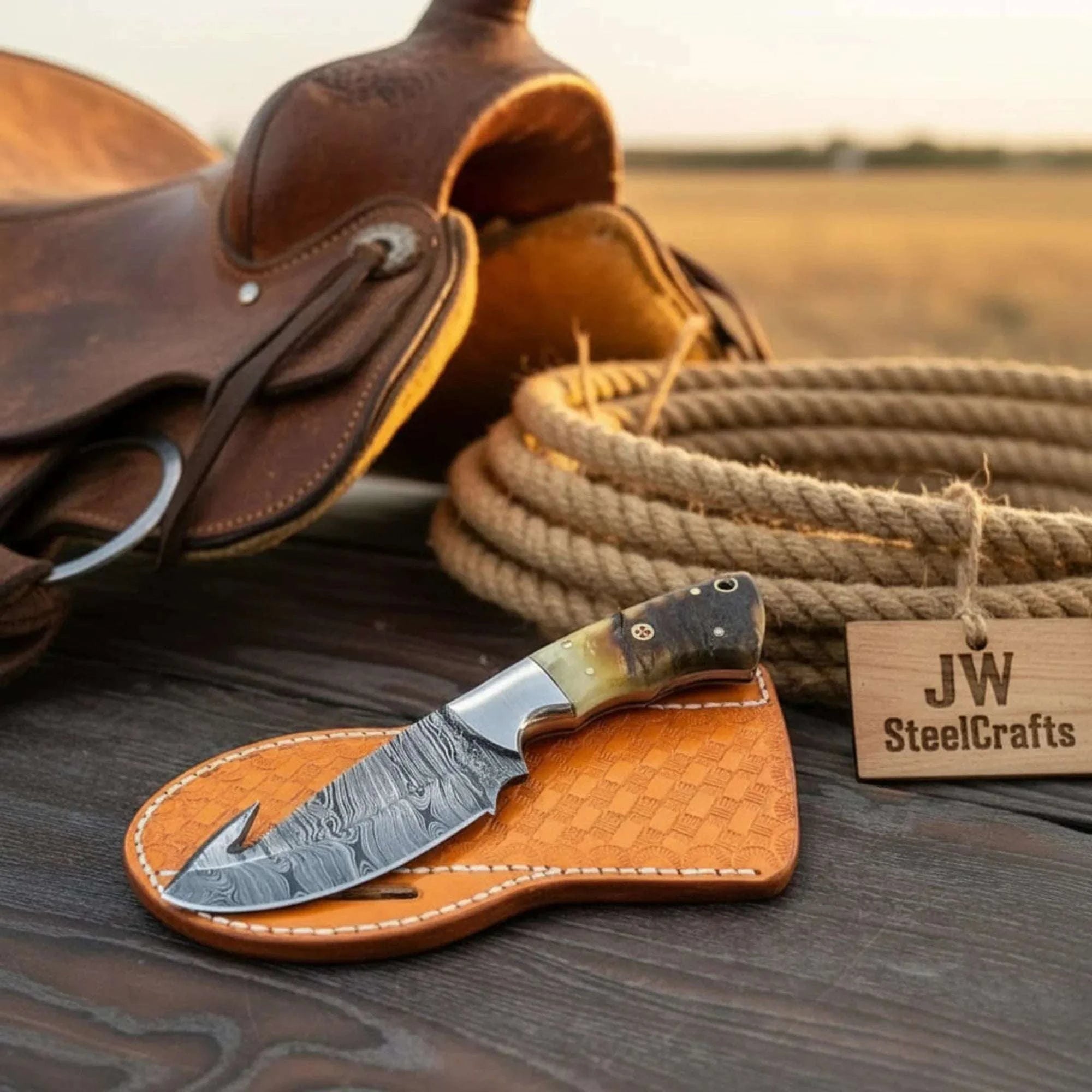 Palmarius Outdoors Frontier Hook Skinner Knife 7" Ram Horn Handle Steel Bolster Full Tang Cross Draw Sheath Handmade Gut Hook Knives