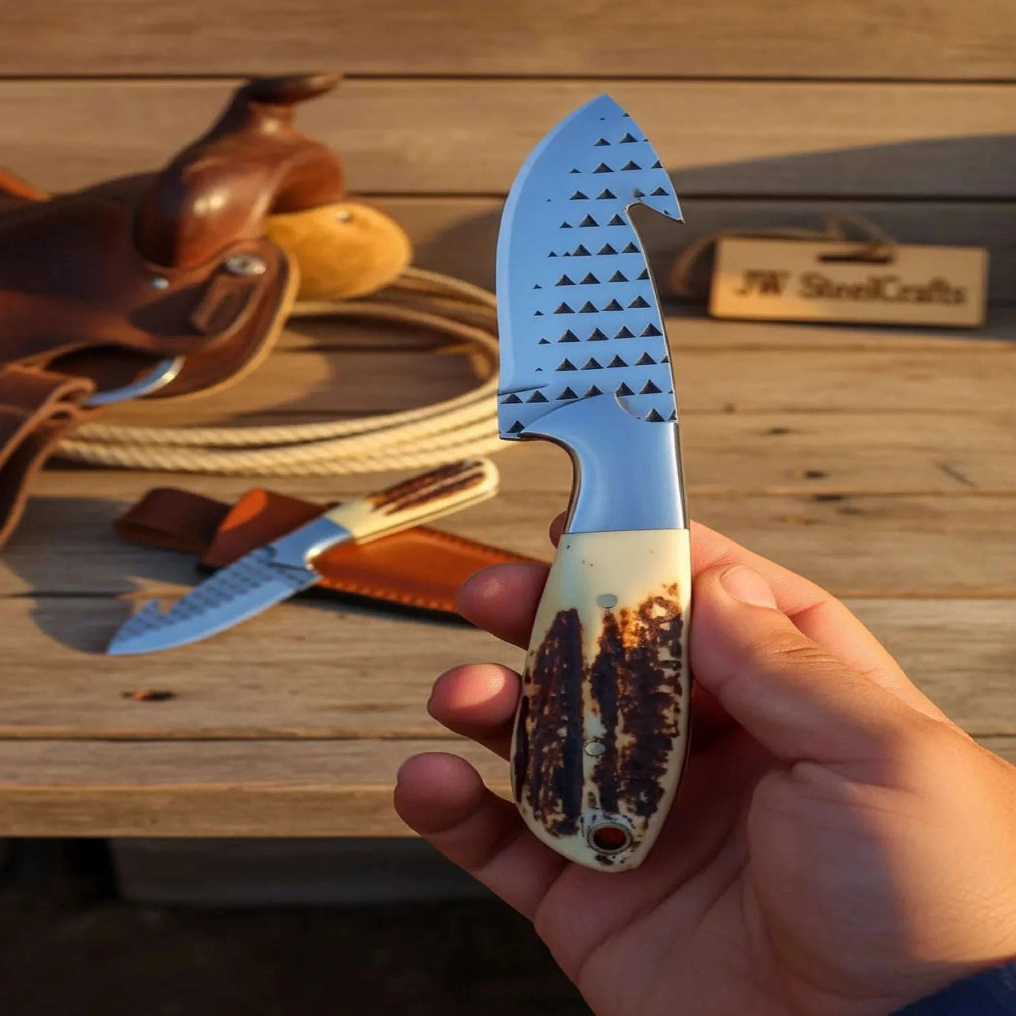 Palmarius Outdoors Rasp Steel Cowboy Gut Hook Knife with Stag Horn Handle Handmade Gut Hook Knives