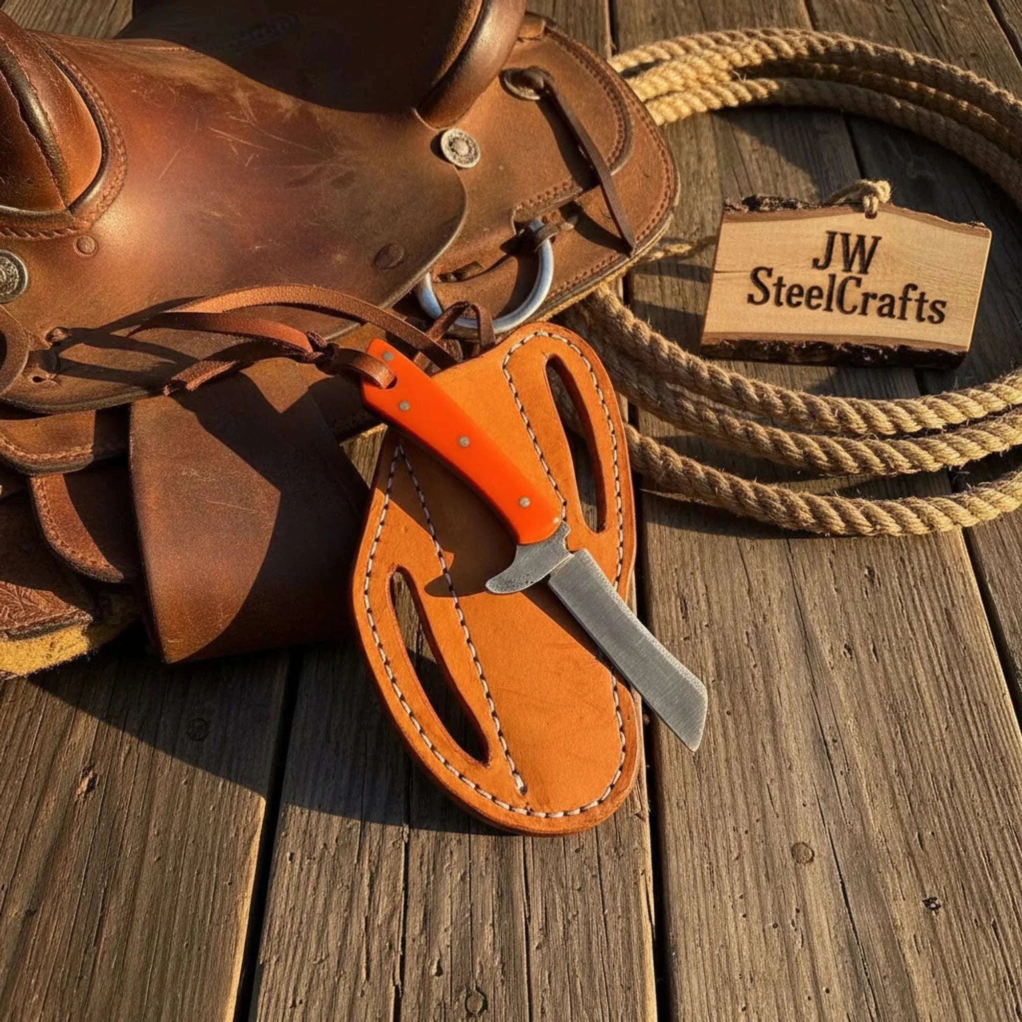 Palmarius Outdoors Damascus Tanto Cowboy Skinner Knife 7" with Orange Resin Handle 