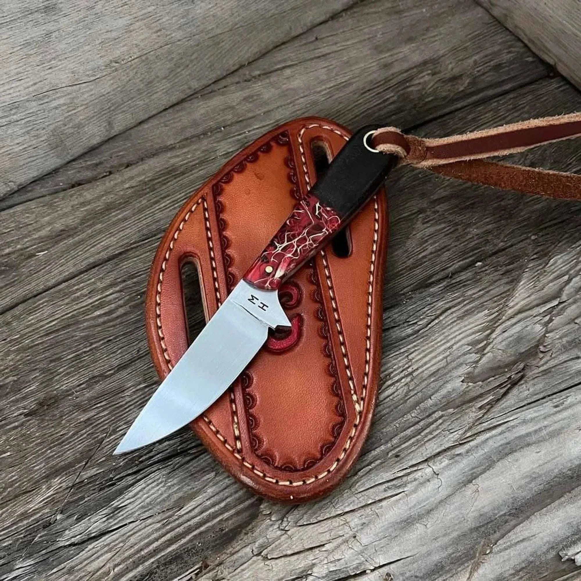 Palmarius Outdoors Buckaroo Belt Knife D2 Blade with Leather Wrapped Handle Hunting Knife