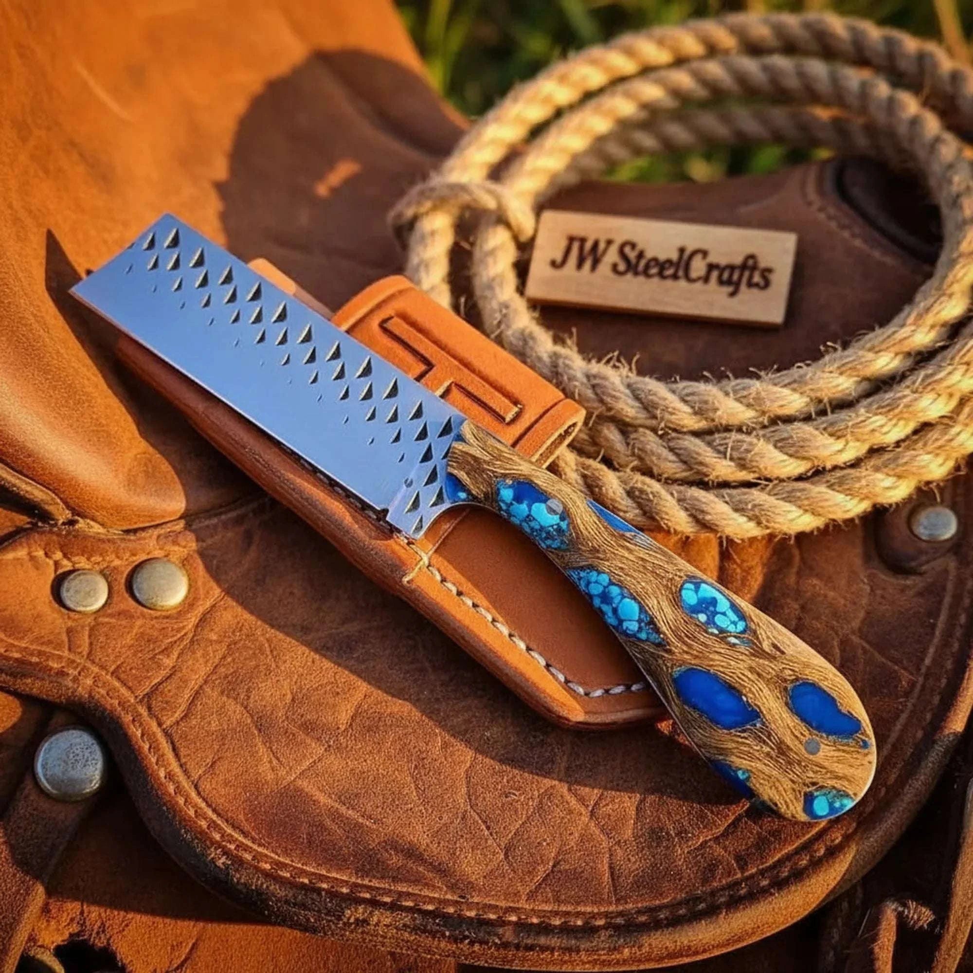 Palmarius Outdoors Farrier Rasp Straight Cowboy Cleaver Knife Wood & Turquoise Resin Handle, 6-7 Inch 
