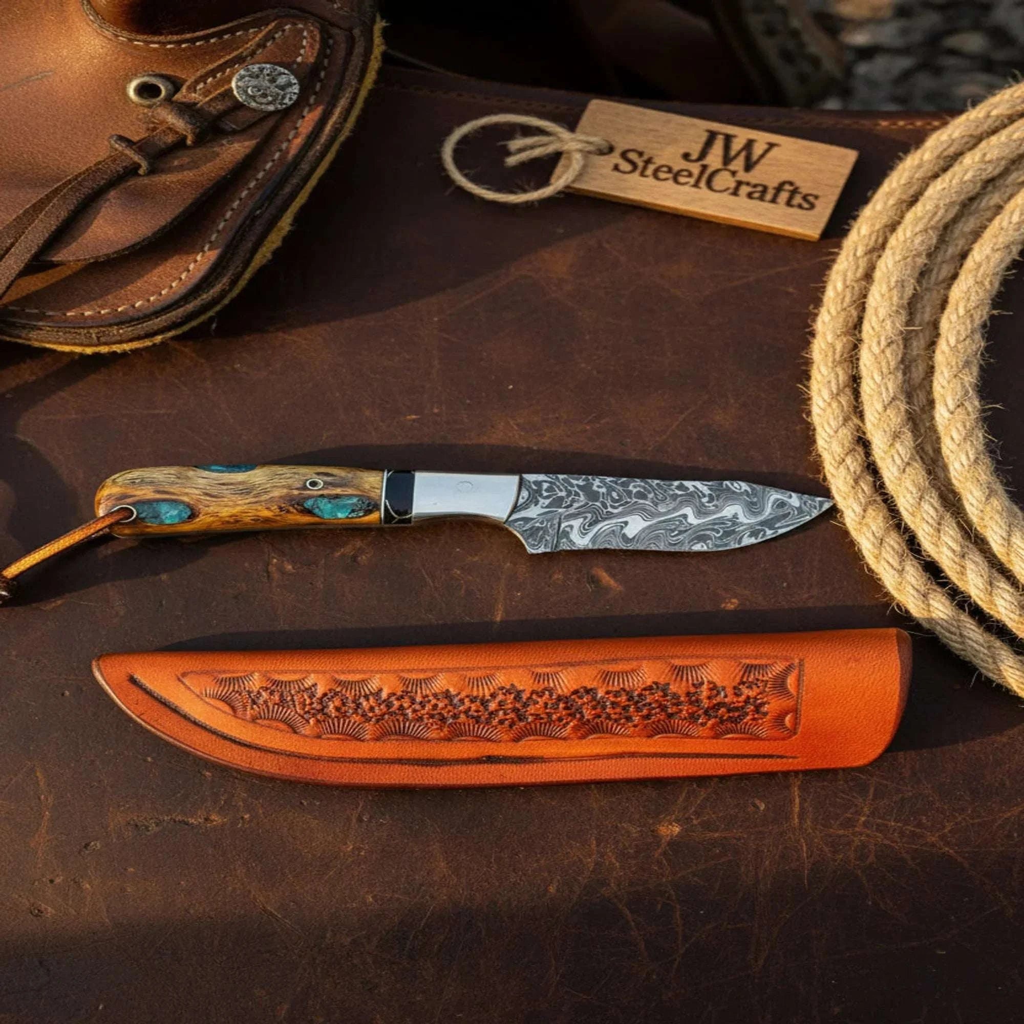 Palmarius Outdoors VG-10 Copper Damascus Knife 5.5" G10 & Mosaic Pin Handle 