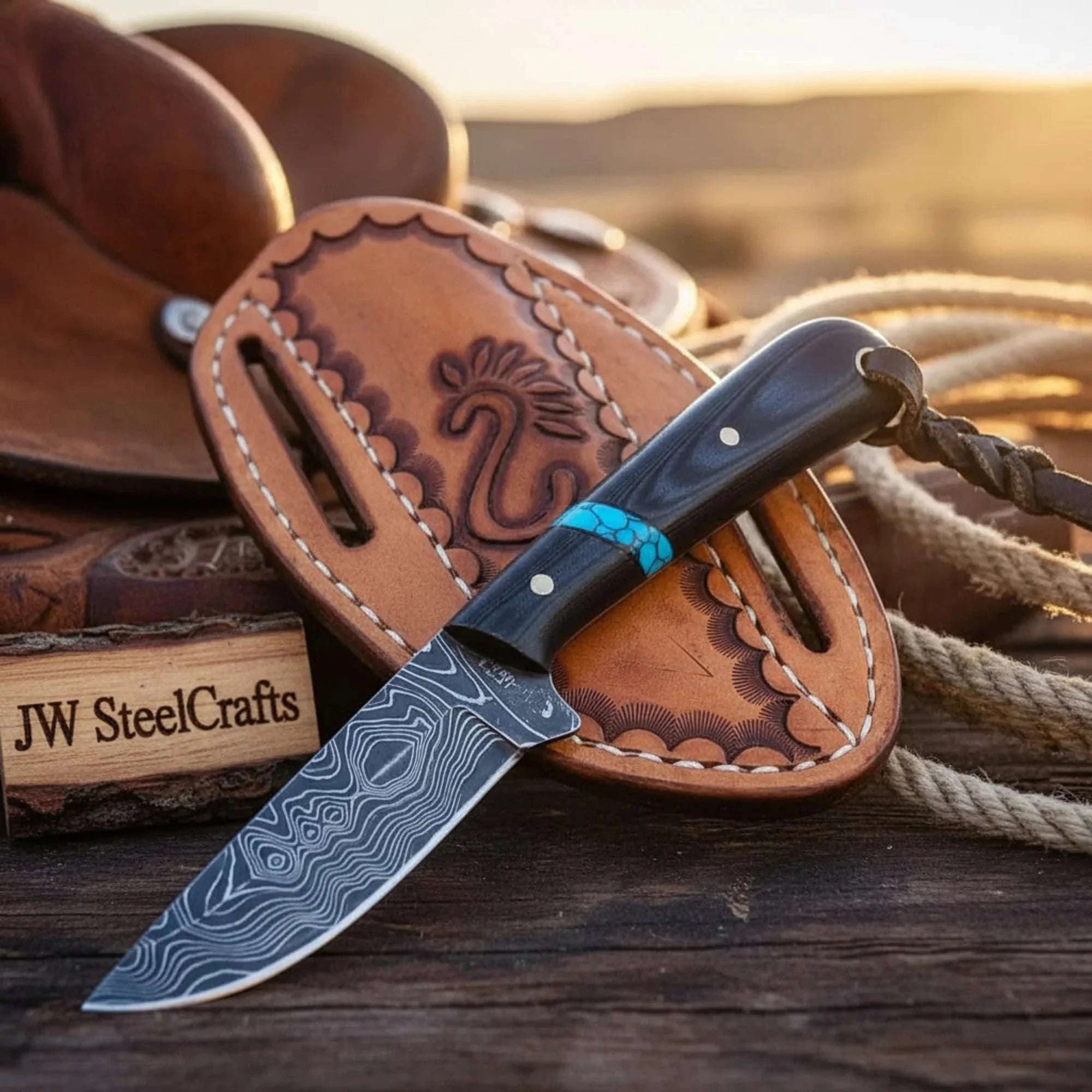 Palmarius Outdoors Rough Rider Wood Fixed Blade with Damascus Steel Blade Hunting Knife