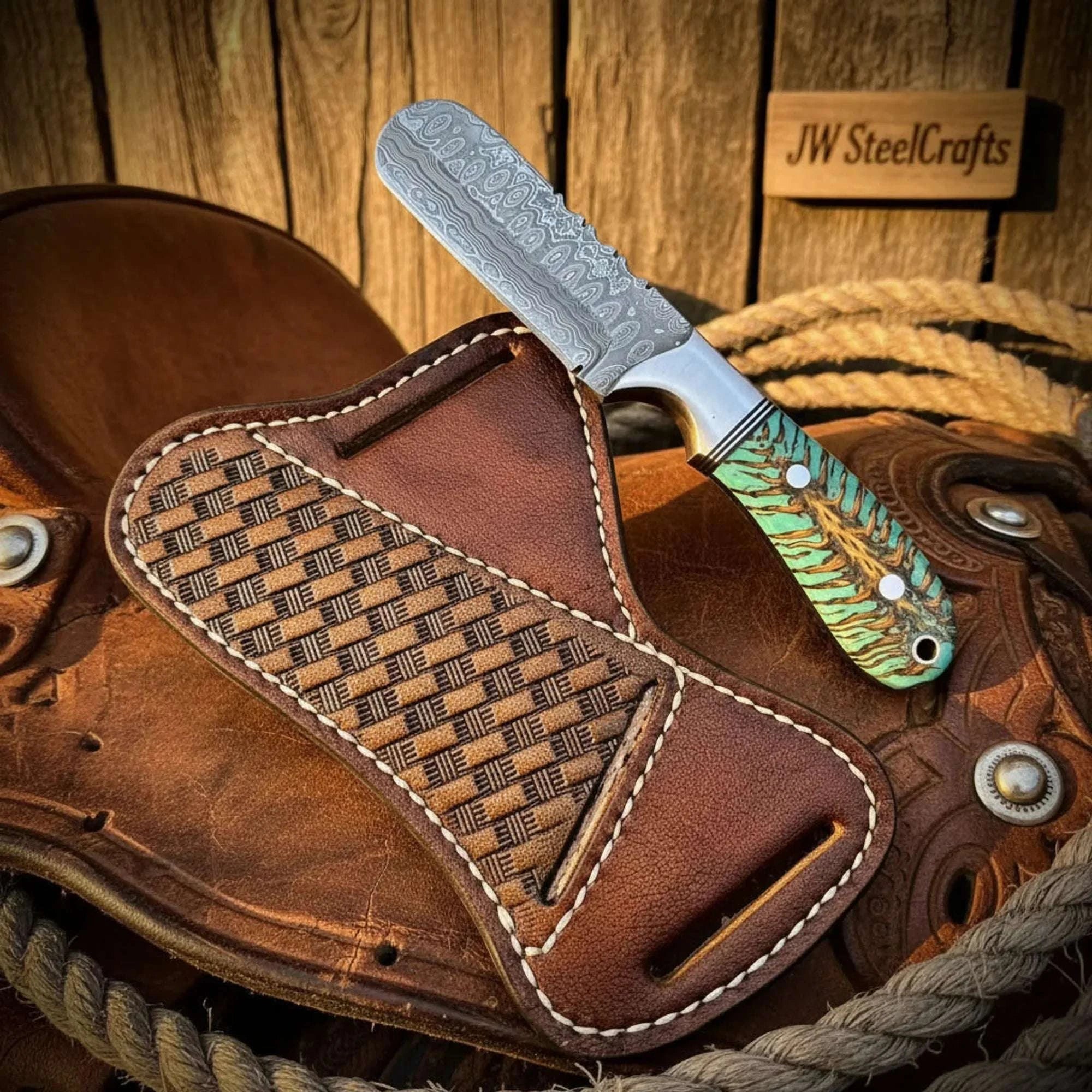 Palmarius Outdoors Prairie Fire Bull Cutter Knife 7" Green Pinecone Handle Steel Bolster Full Tang Cross Draw Skinner Knife