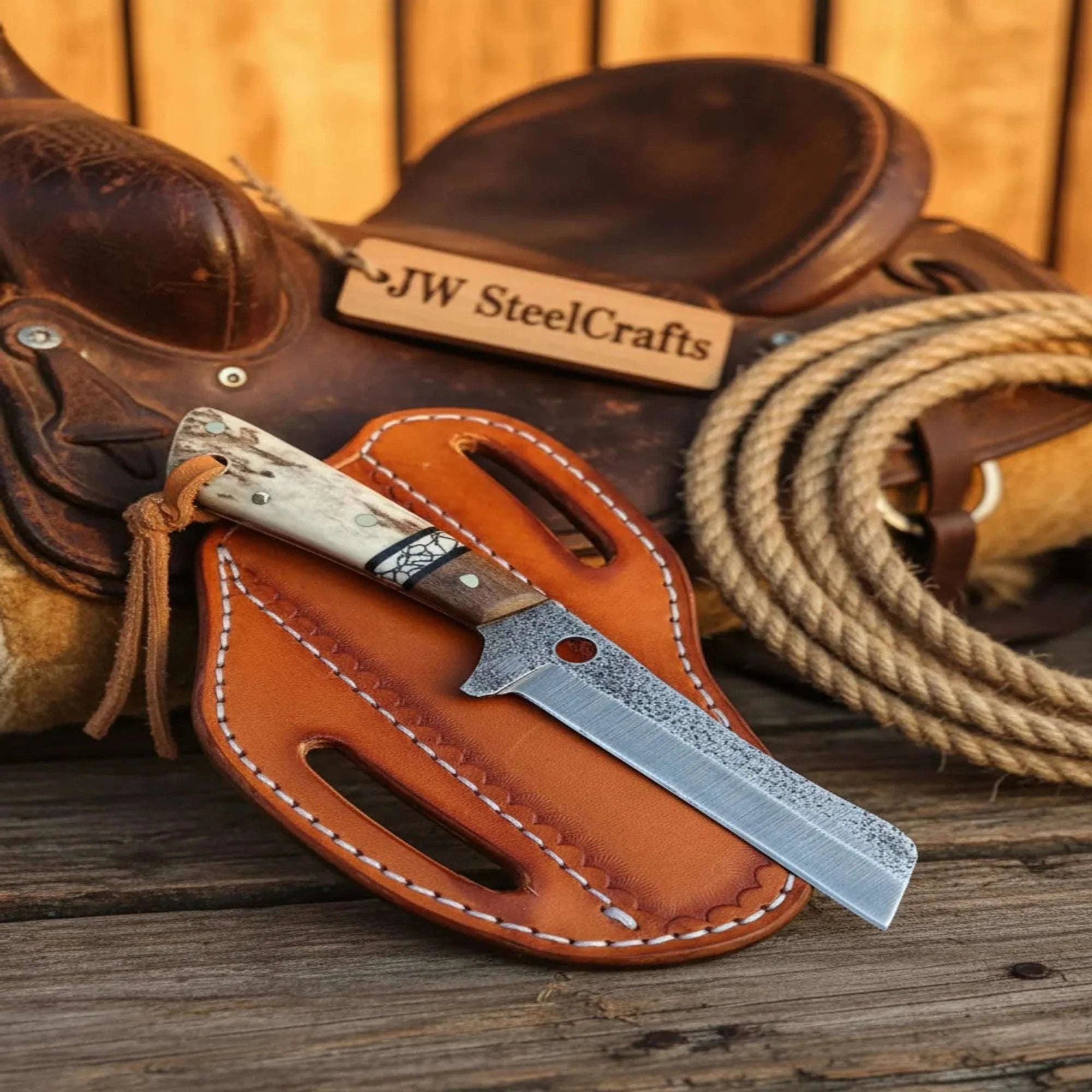 Palmarius Outdoors Carbon Steel Bull Cutter with Stag, Turquoise, and Tali Wood Handle Hunting Knife