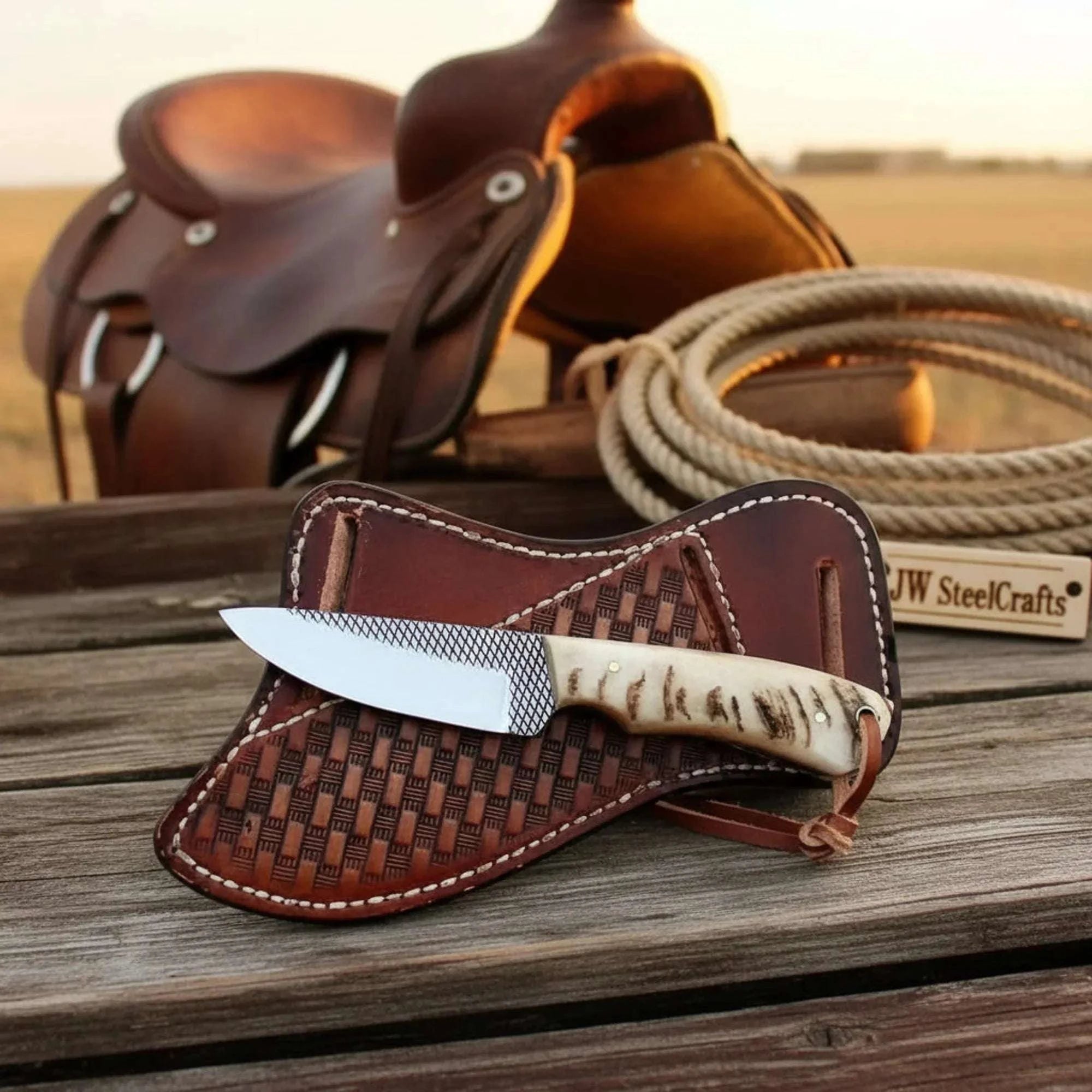 Palmarius Outdoors Farrier Rasp Cowboy Knife Full Tang Western Skinner Leather Cross Pouch 7" 