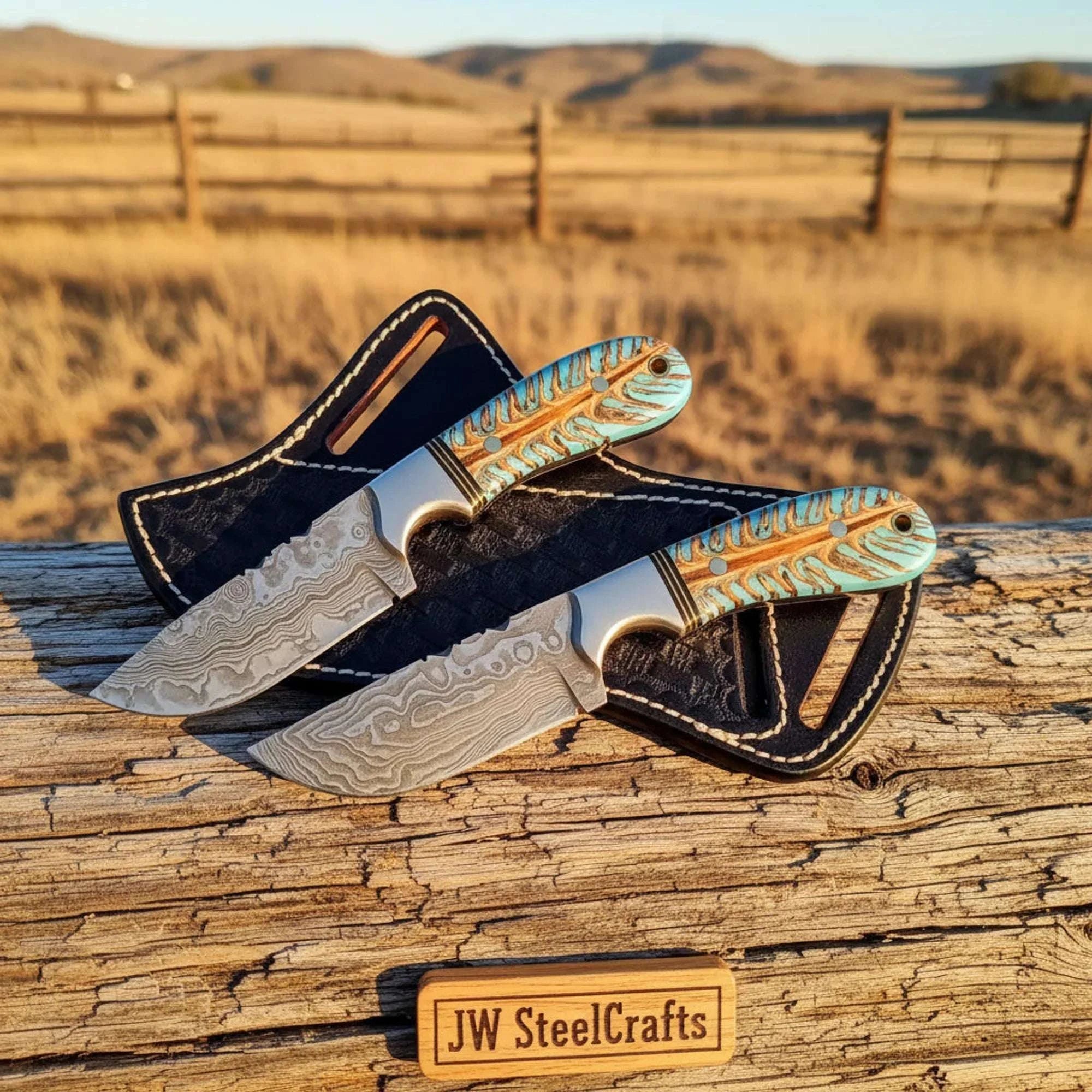 Palmarius Outdoors Wildfeather Ranch Knives Set of 2 Pinecone Handle Steel Bolster Full Tang Cross Draw Sheath 7" Hunting Knife
