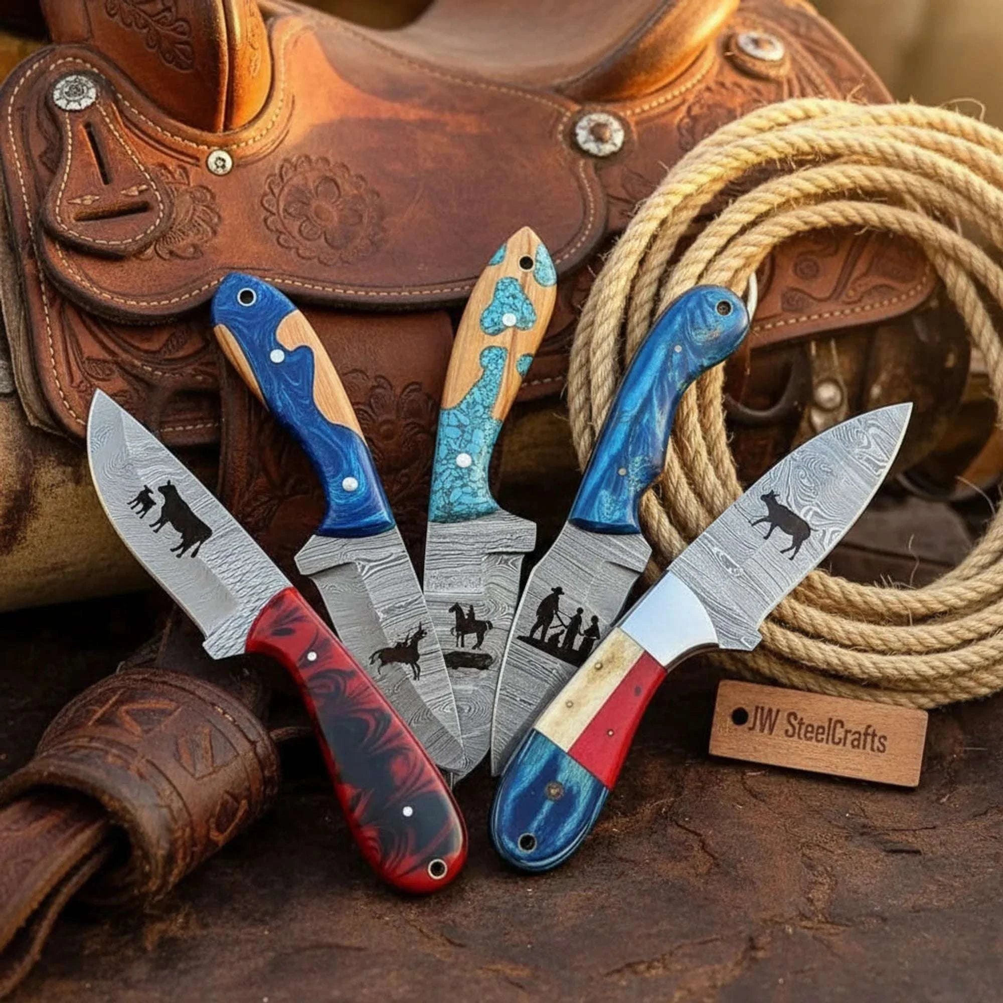 Palmarius Outdoors Handmade Damascus Steel Hunting & Cowboy Skinner Knives Set of 5 with Resin & Colored Wood Handles 