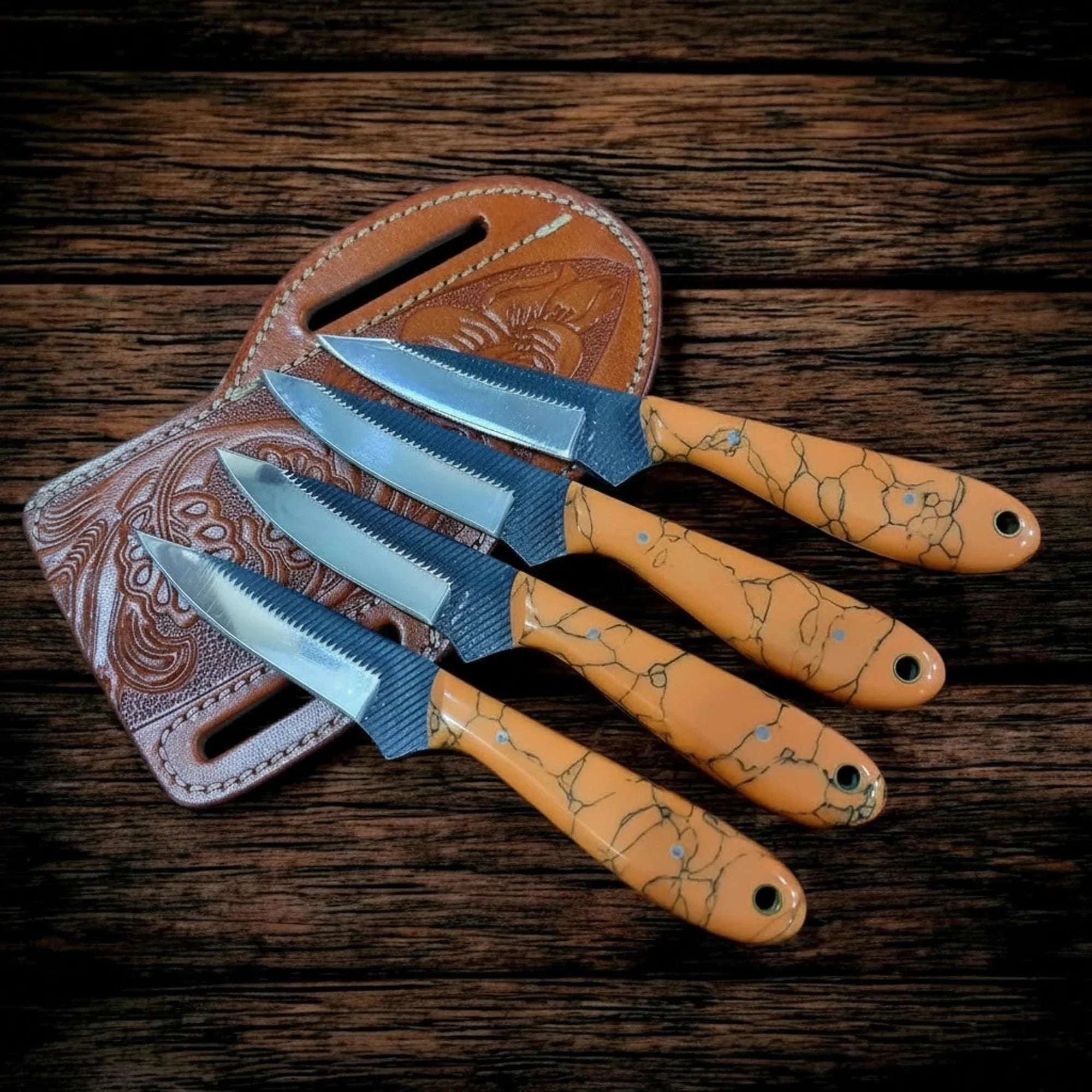 Palmarius Outdoors Handmade Carbon Steel Knife Set of 4, Orange Resin Handle, 7.5" Fixed Blade Set 