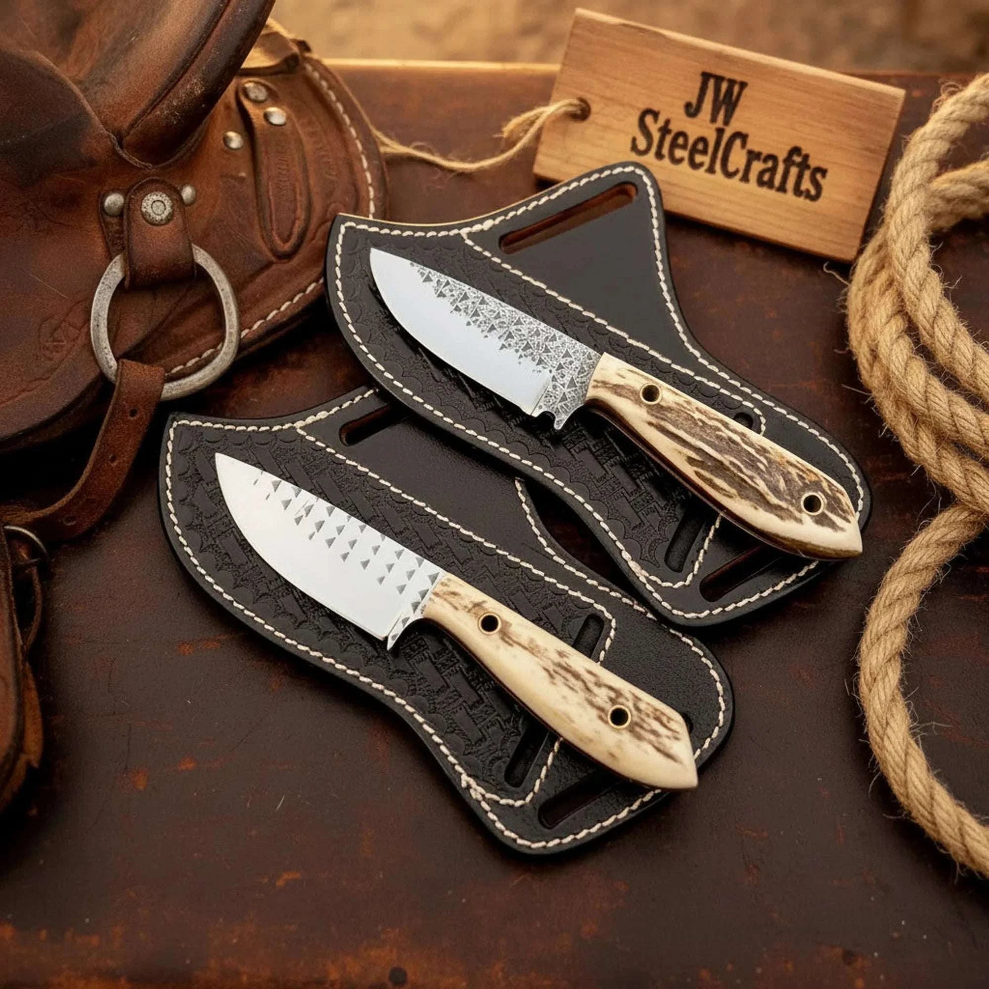 Palmarius Outdoors Rasp Steel Cowboy Knife Set with Synthetic Stag Horn Handles Hunting Knife