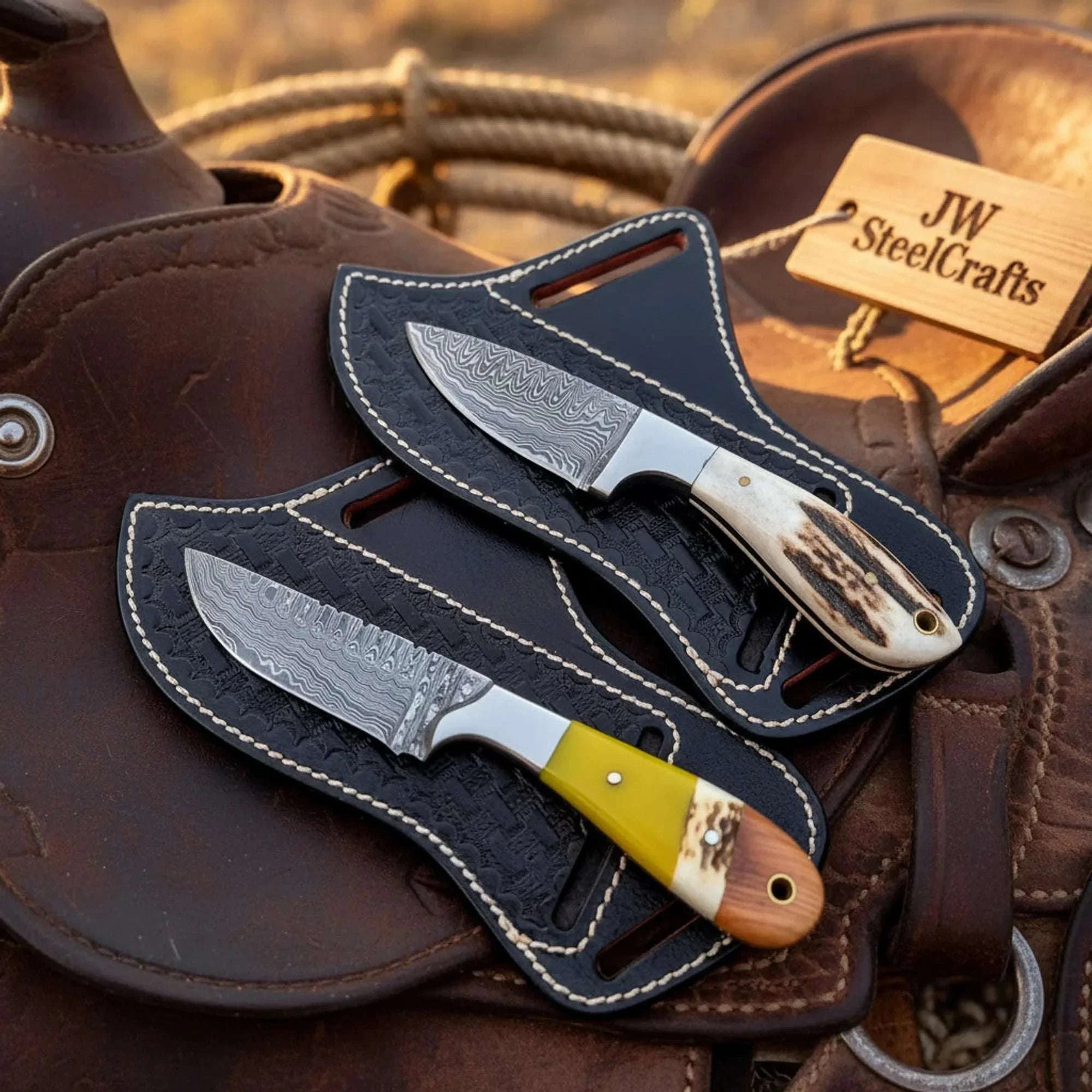 Palmarius Outdoors Handmade Damascus Cowboy Knife – Black Bone Handle with Cross Draw Pancake Sheath 