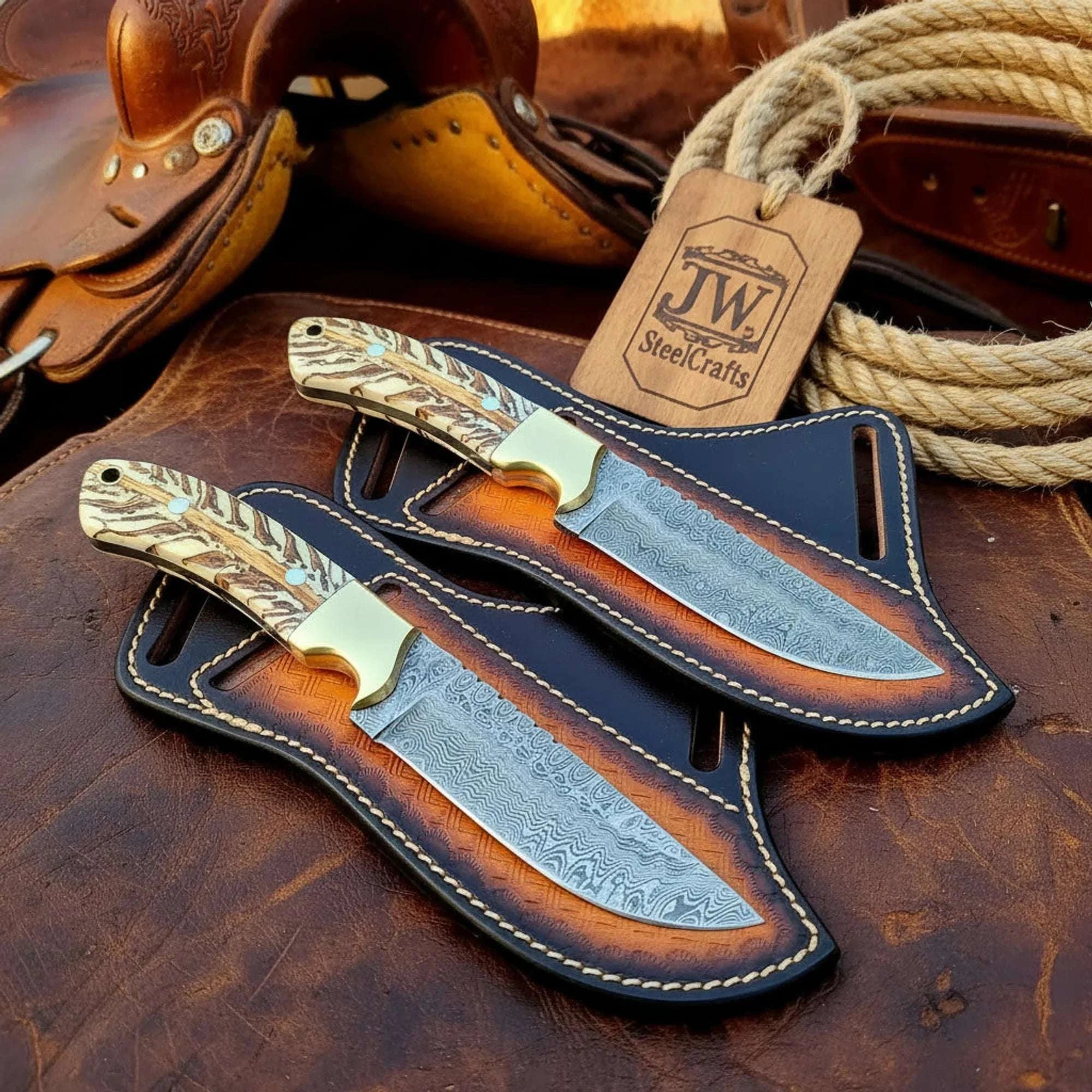 Palmarius Outdoors Pinecone Cowboy Knife Set with Damascus Steel Blades Hunting Knife
