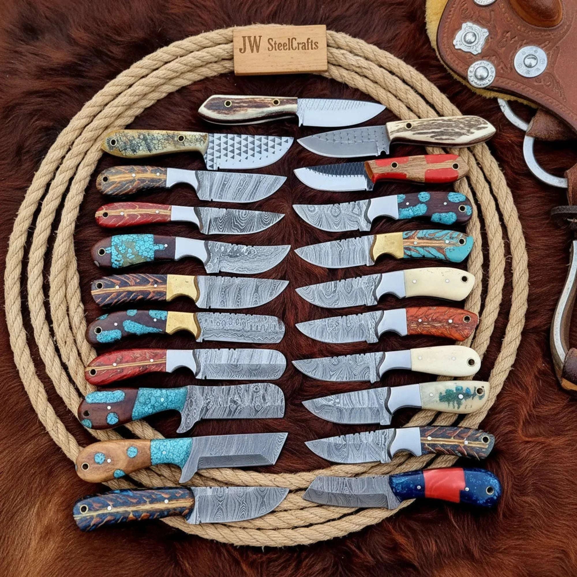 Palmarius Outdoors Damascus Wholesale Knife Lot with Mixed Handle Materials Damascus Knife