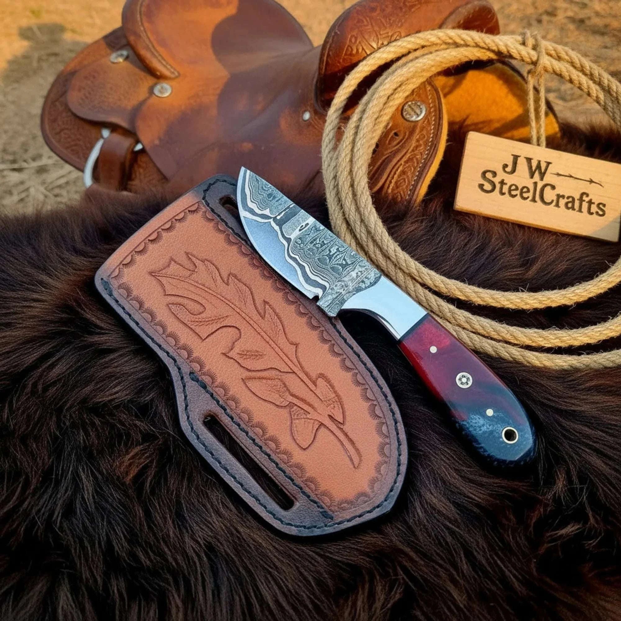 Palmarius Outdoors Damascus Skinner Knife – Handmade Cowboy Bull Cutter with Crimson Resin Handle 