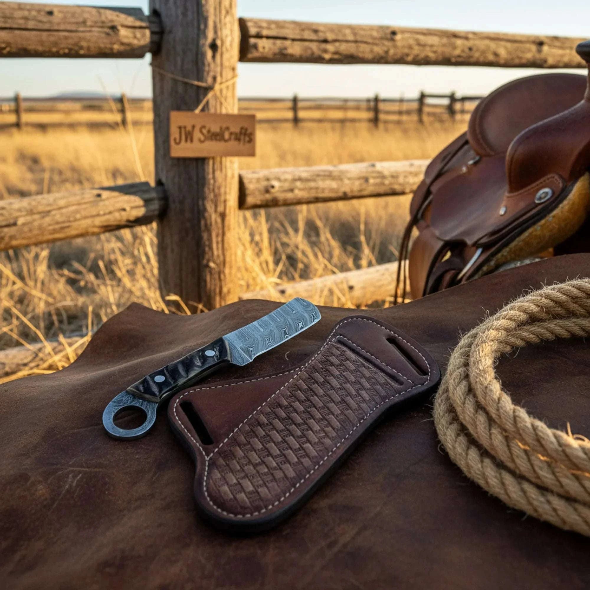 Palmarius Outdoors Finger Loop Prairie Bull Cutter 6.5" Handmade rasp Damascus Steel Leather Crossdraw Skinner Knife