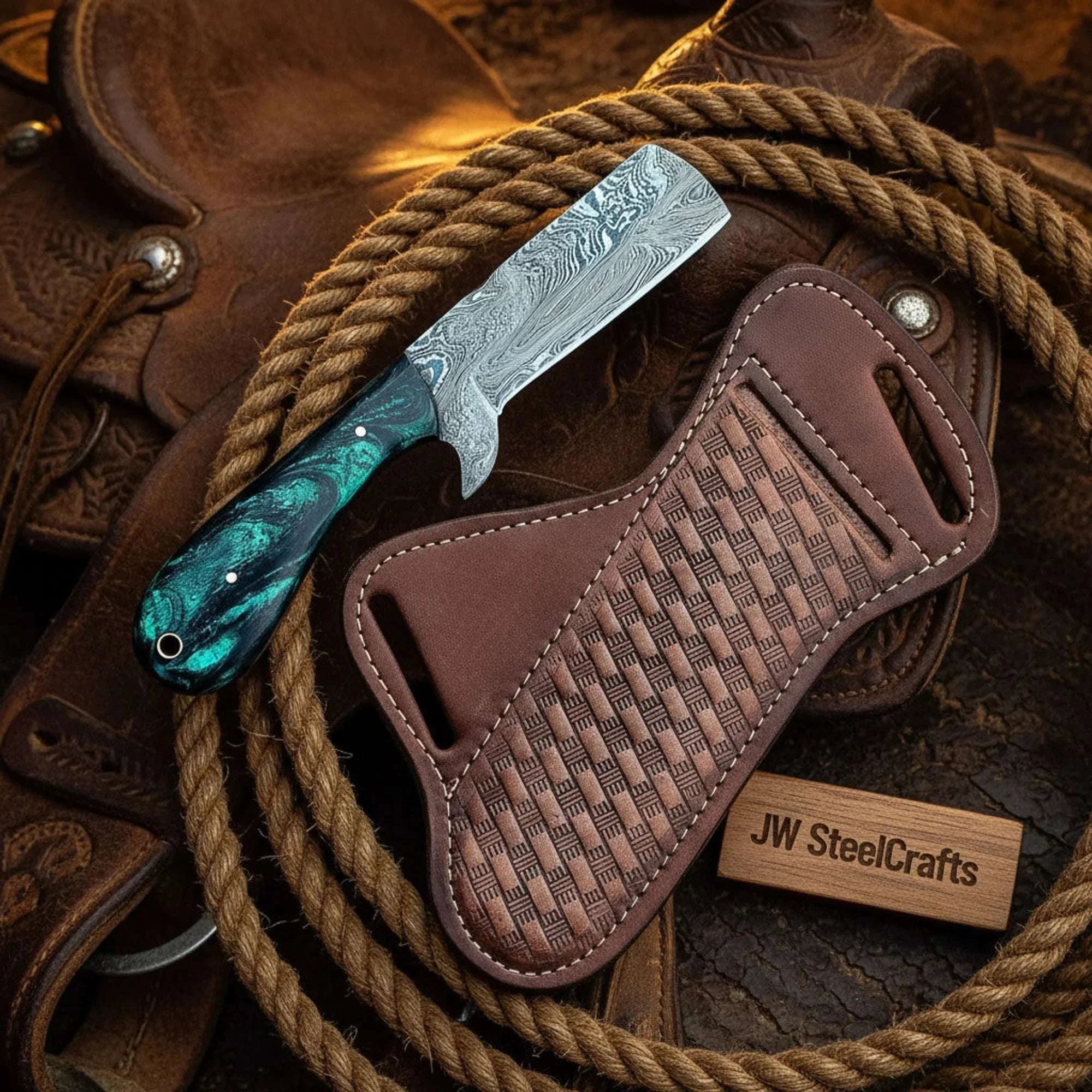 Palmarius Outdoors Damascus Tracker Cleaver knife Multi Color Resin Handle Full Tang Hand Engraved Sheath 