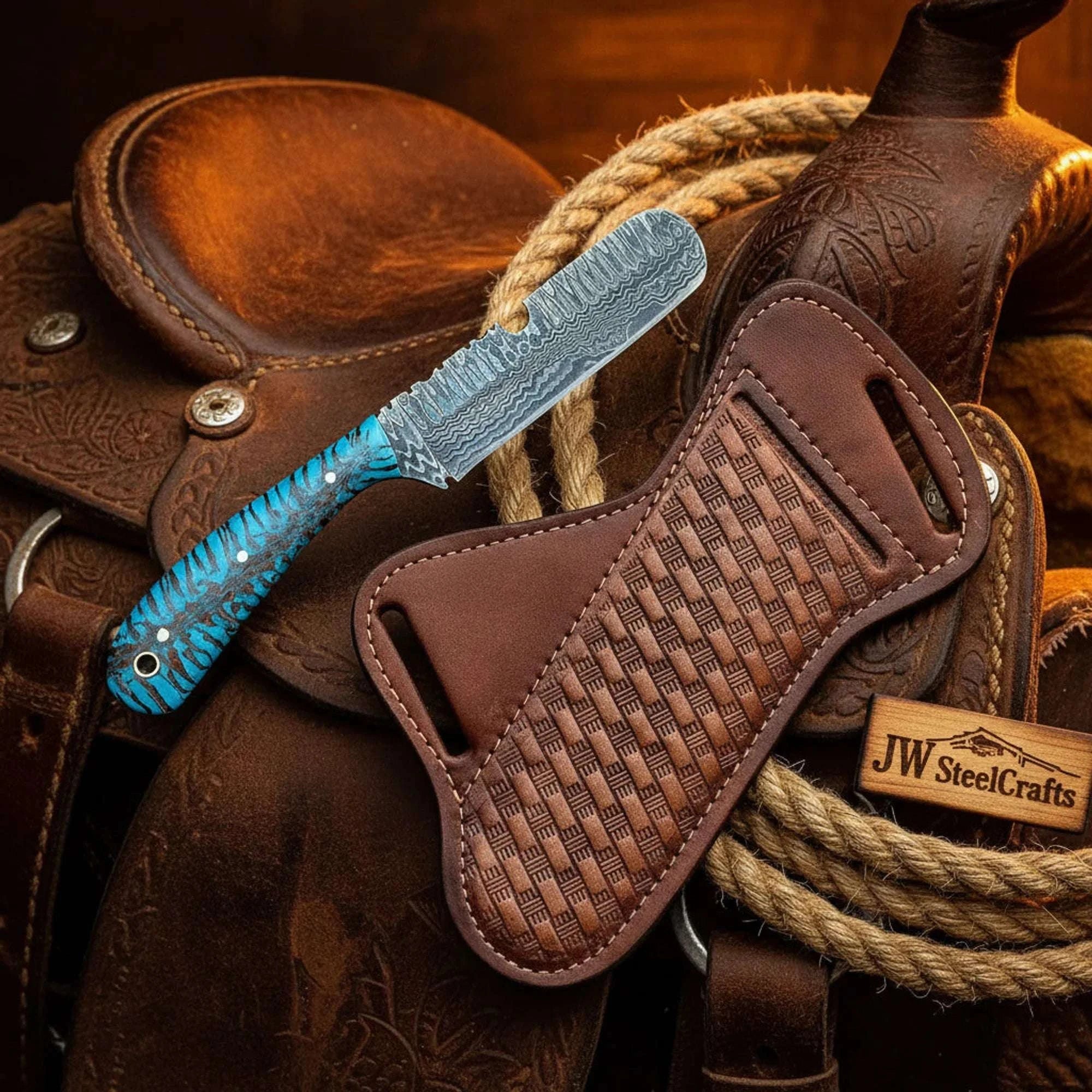 Palmarius Outdoors Ranch Bull Cutter Knife Blue Pinecone Handle Full Tang Western Cross Draw Sheath 7" 