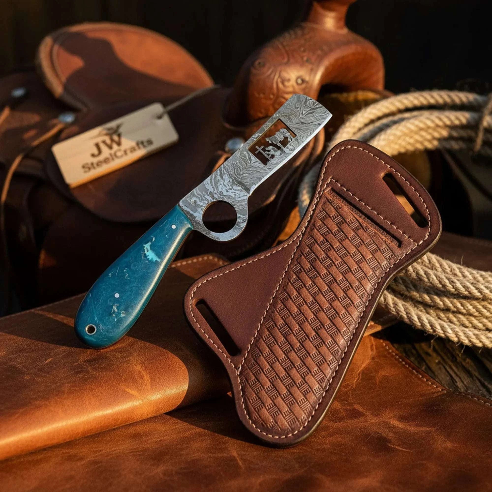Palmarius Outdoors Finger Loop Cowboy Knife 7" Handmade Damascus Fixed Blade 