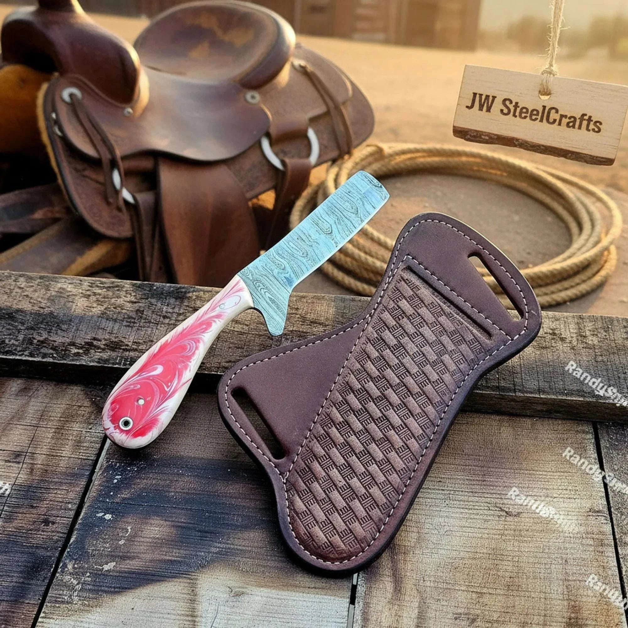 Palmarius Outdoors Damascus Pancake Holster Knife 7.5" Pakka Wood Handle Western Pancake Sheath 