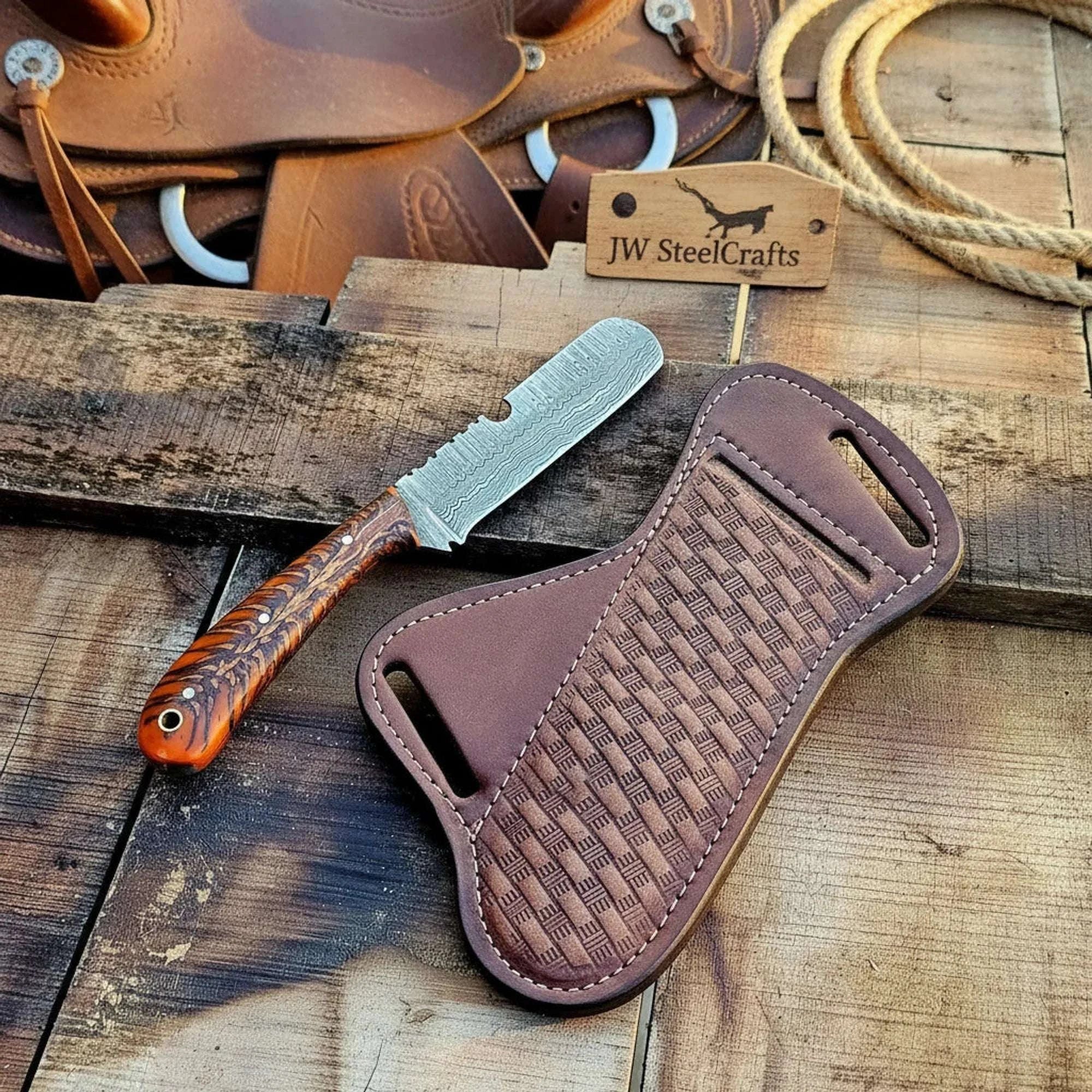 Palmarius Outdoors Orange Pine Cone Bull Cutter Knife with Damascus Steel Blade Hunting Knife