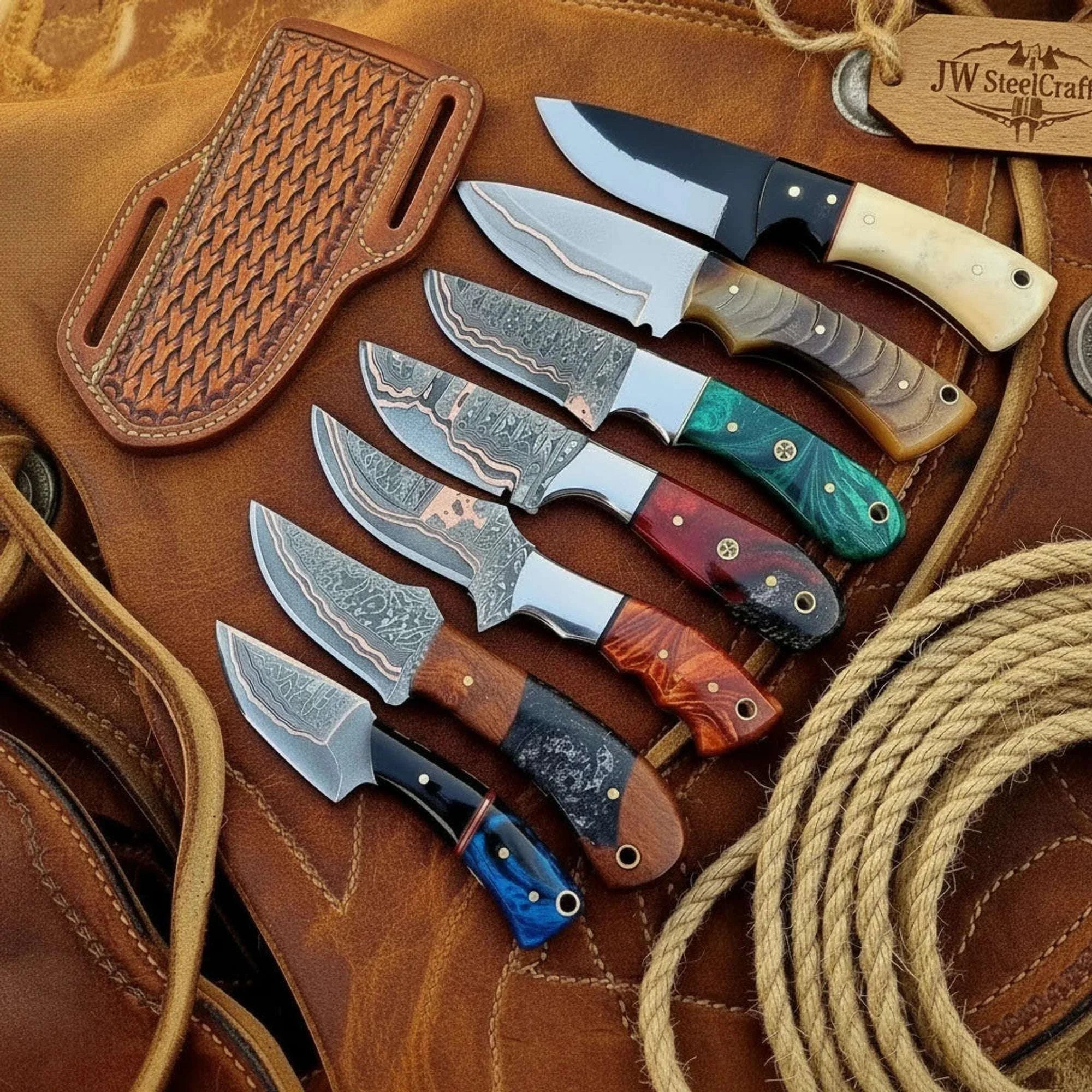 Palmarius Outdoors Copper Damascus Knife Set of 7 with Multi Color Resin Handle 