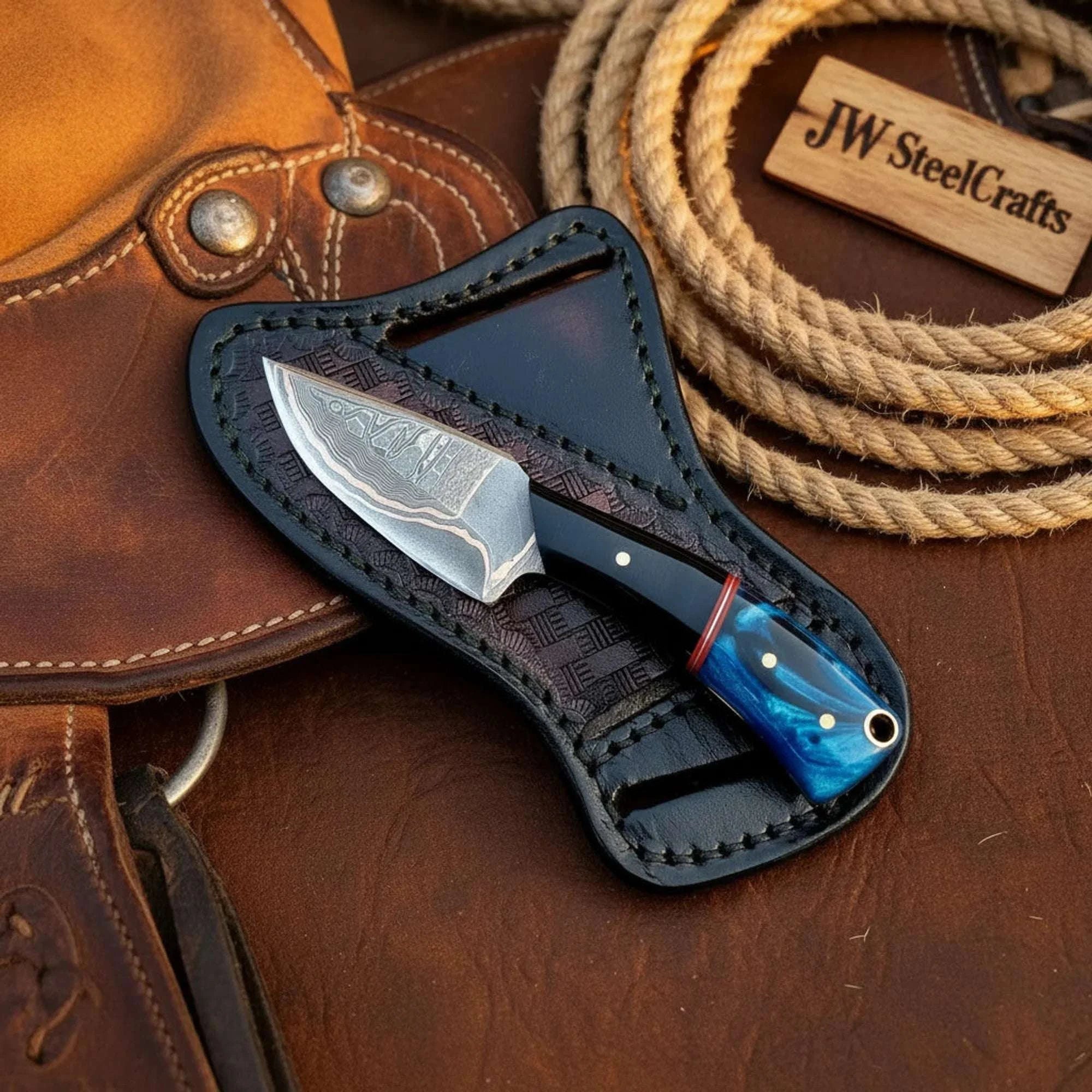 Palmarius Outdoors Handmade Copper Damascus Knife, Epoxy Resin Handle, 6" Fixed Blade 