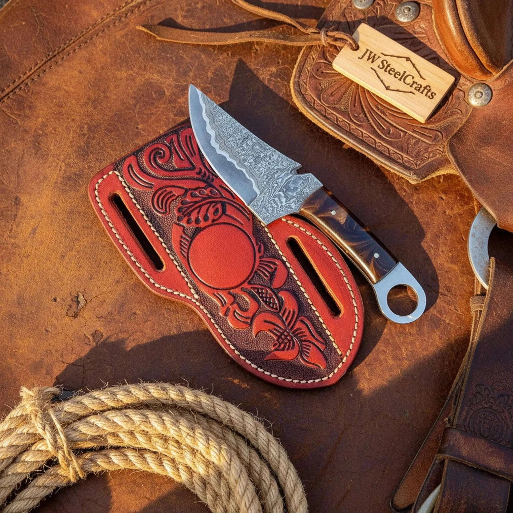Palmarius Outdoors Ring Tail Skinner Knife with Copper Damascus Blade Skinner Knife