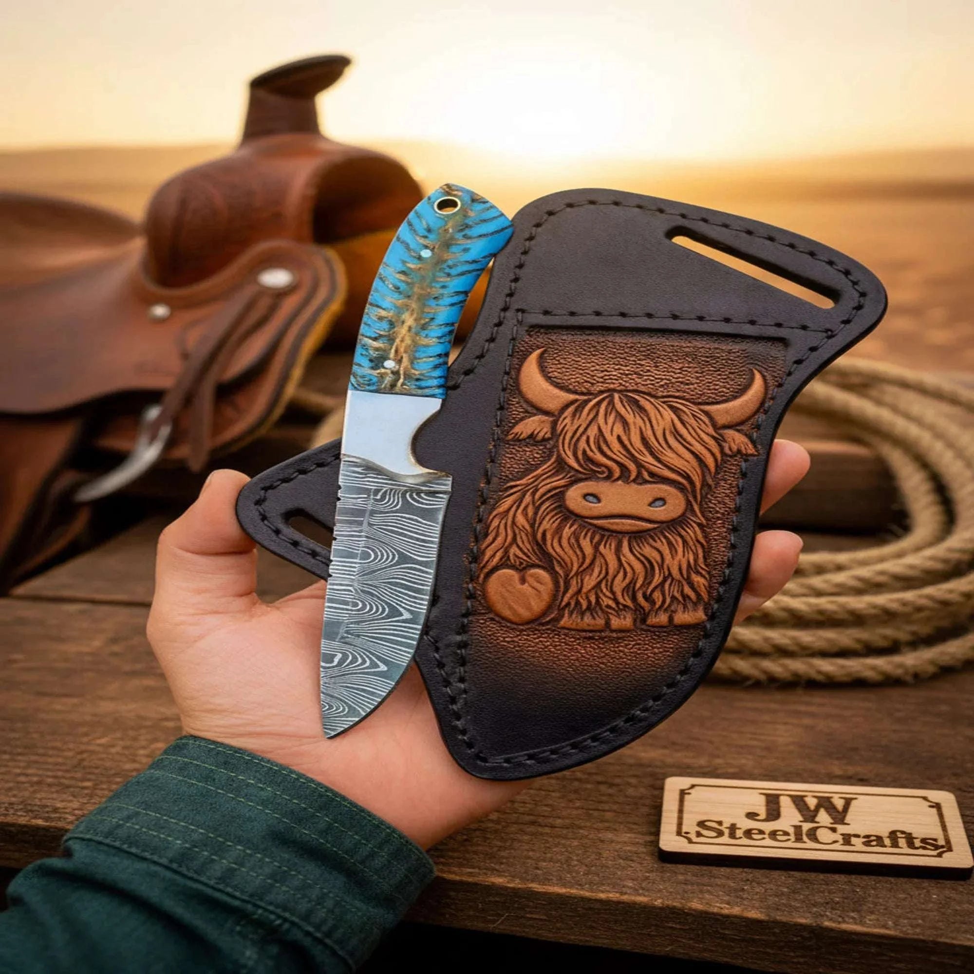 Palmarius Outdoors Damascus Cowboy Skinner Knife Blue Pinecone Handle Steel Bolster Full Tang Buffalo Sheath 8" Hunting Knife