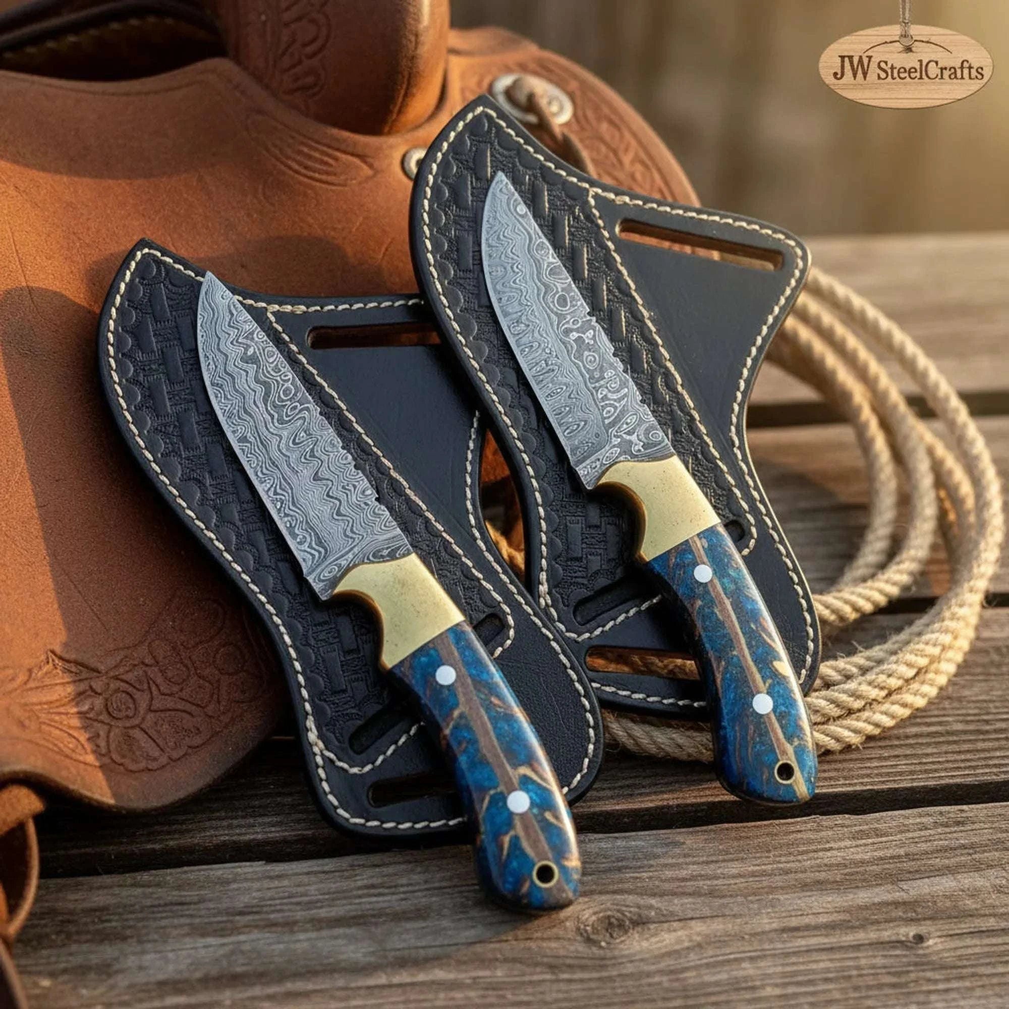 Palmarius Outdoors Handmade Damascus Steel Knife Set, Blue Pinecone Handle, Brass Bolster, 8" Blade 