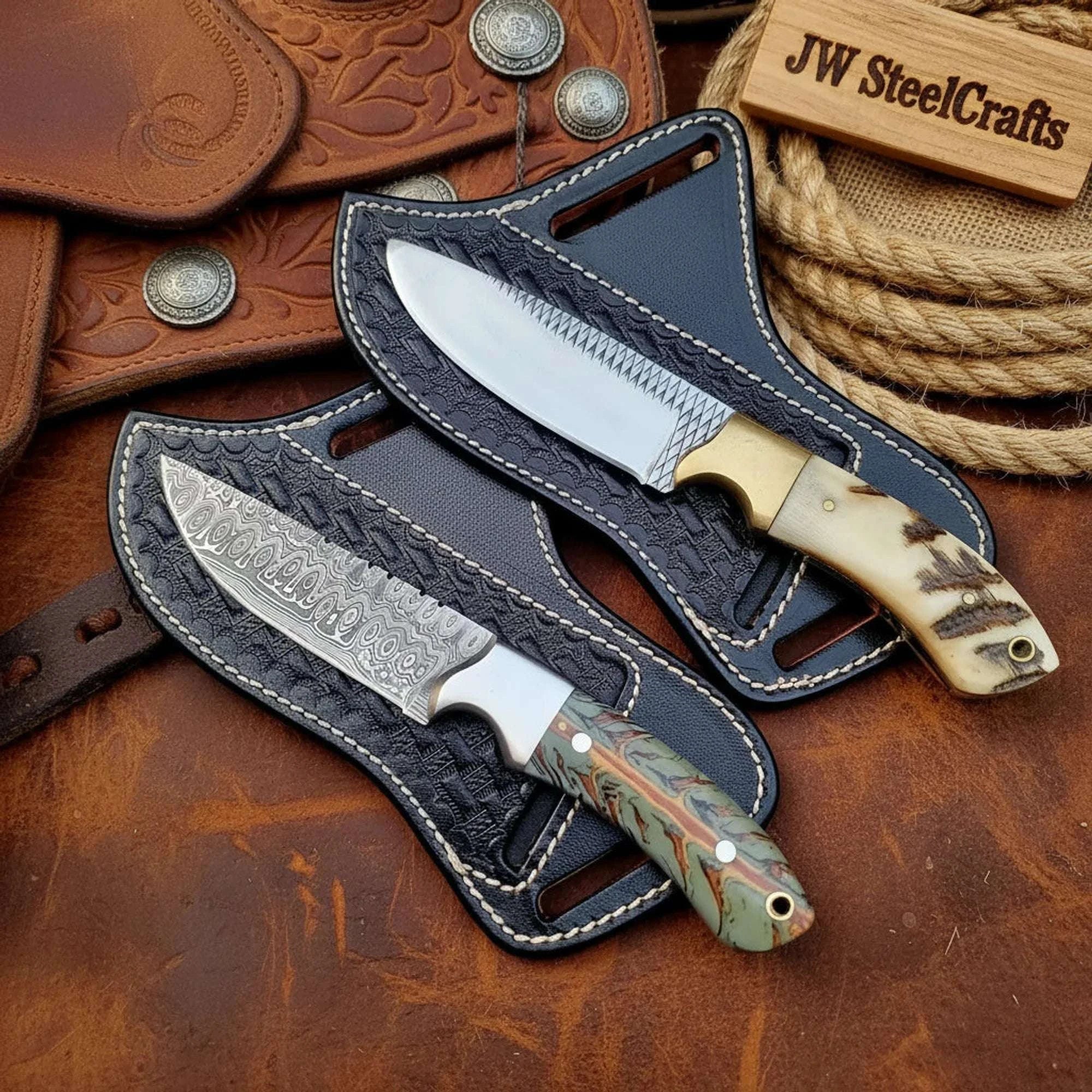 Palmarius Outdoors Ranch Cowboy Knife Combo Set with Ram Horn Pine Cone Handles Hunting Knife