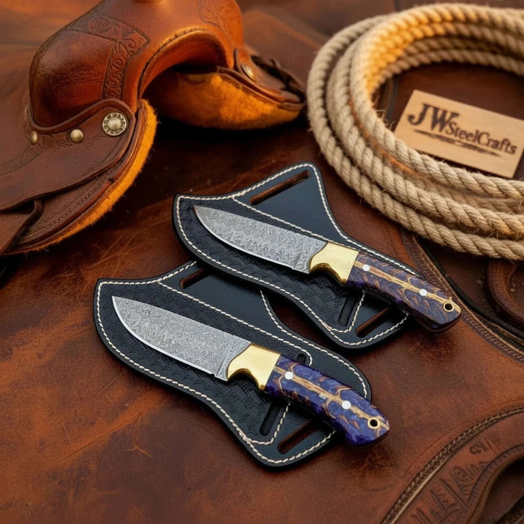 Palmarius Outdoors Handmade Damascus Steel 8" Cowboy Bull Cutter Knives Matching Set 