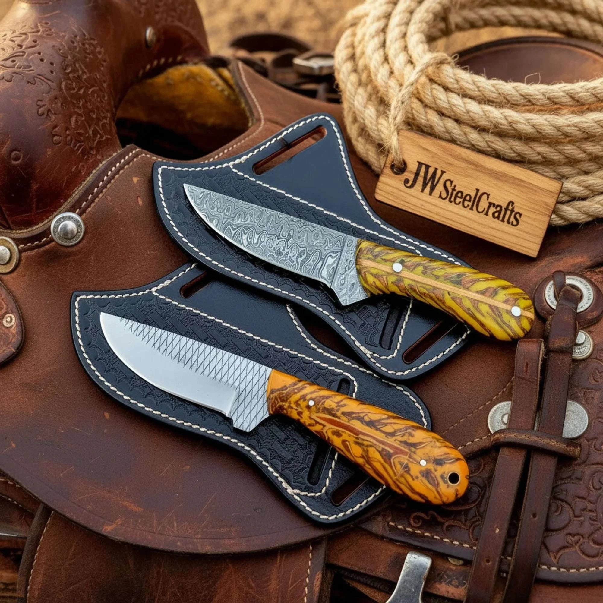 Palmarius Outdoors Rustic Grain Skinner Set 9" Handmade Matching Knives with Wood Grain Handles Skinner Knife
