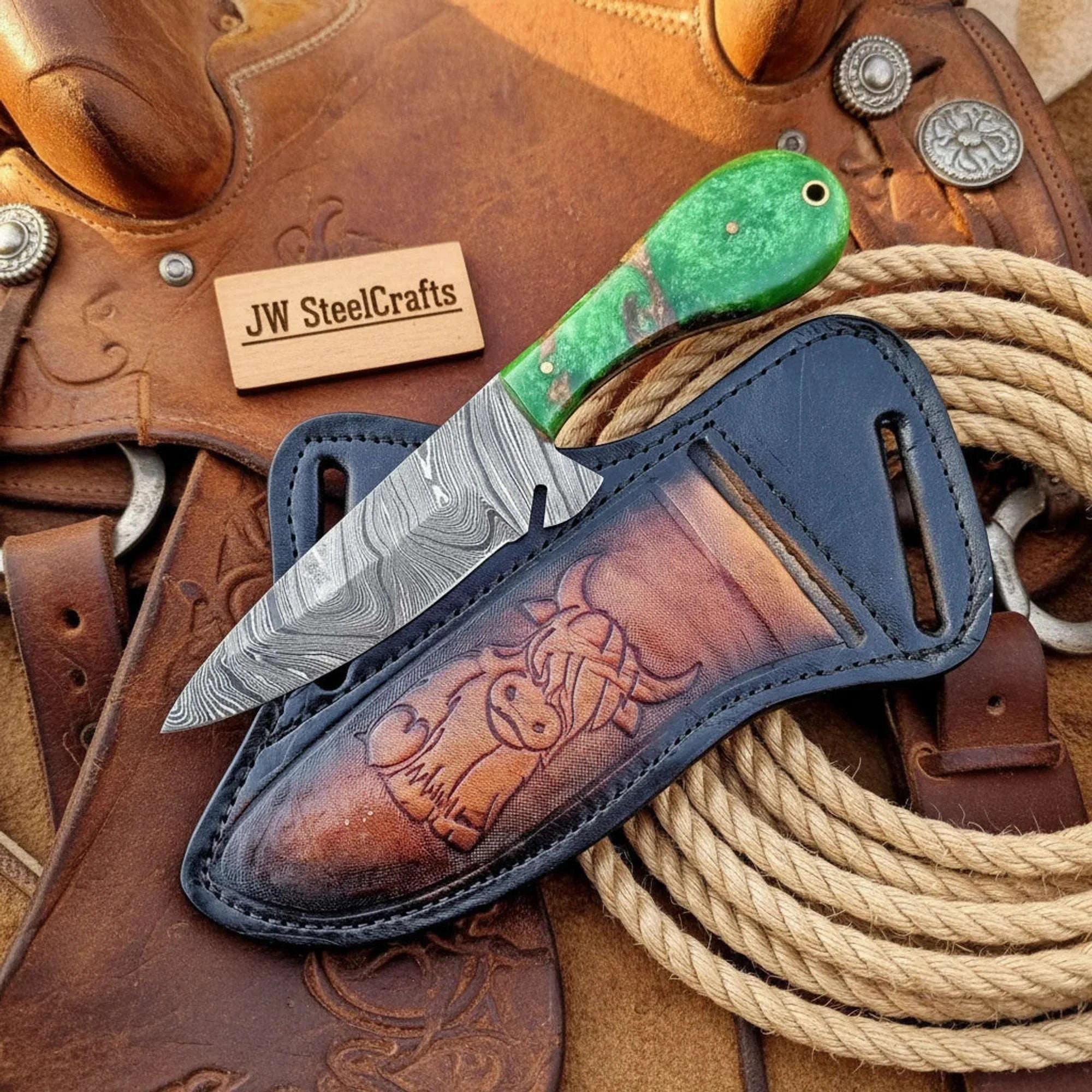Palmarius Outdoors Handmade Damascus Steel Hunting Knife 8" with Green Resin Handle & Buffalo Engraved Leather Sheath 