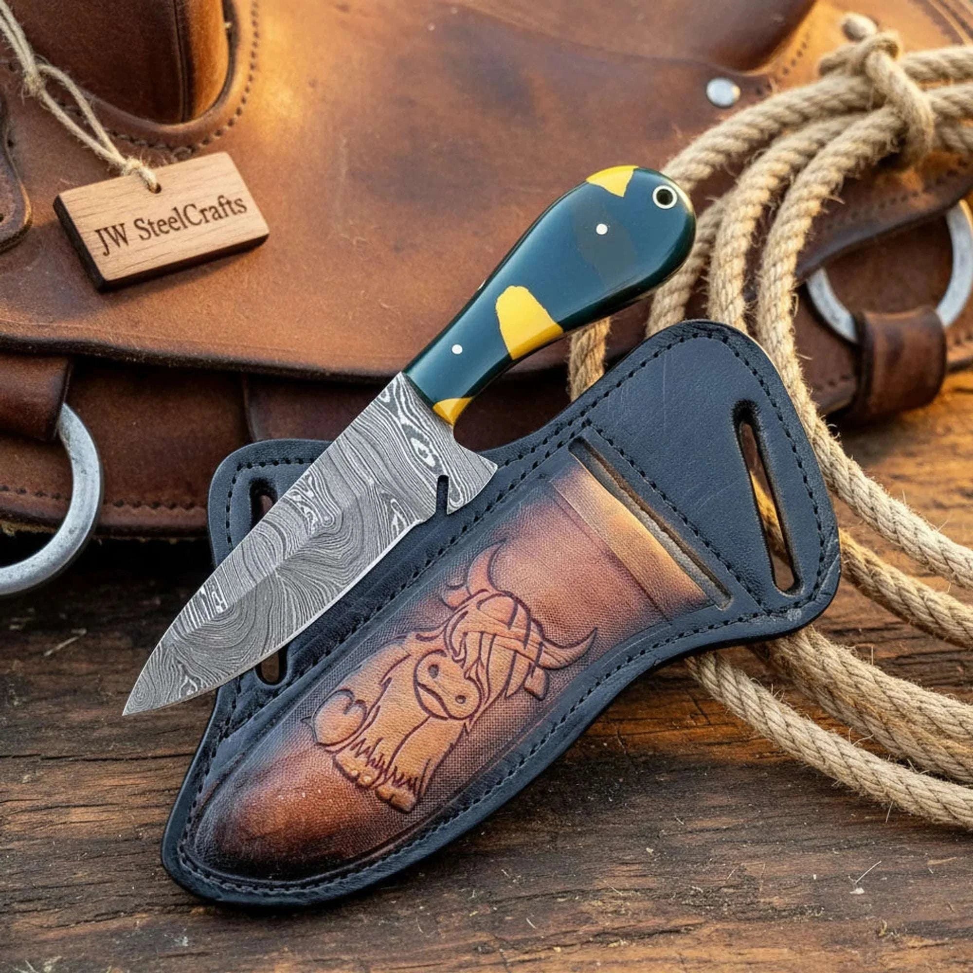 Palmarius Outdoors Damascus Basilisk Skinner Knife – Hand-Forged Drop Point Blade with Green & Yellow Composite Handle 